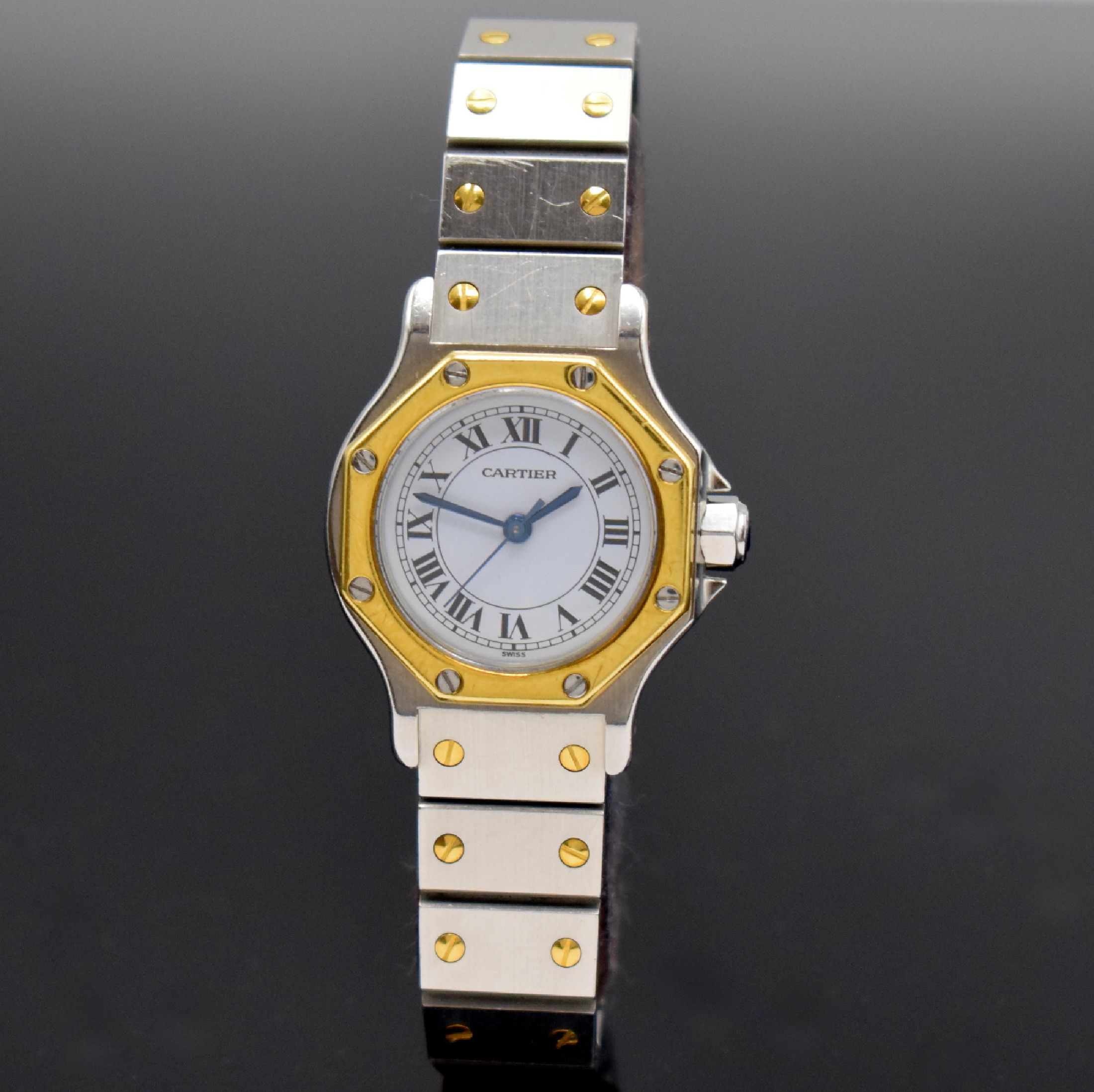 CARTIER Santos Damenarmbanduhr, Schweiz um 1985, Automatik, Edelstahl/Gold kombiniert inkl. Gliederband m. Faltschl., Monocoque- Geh., Lünette ...