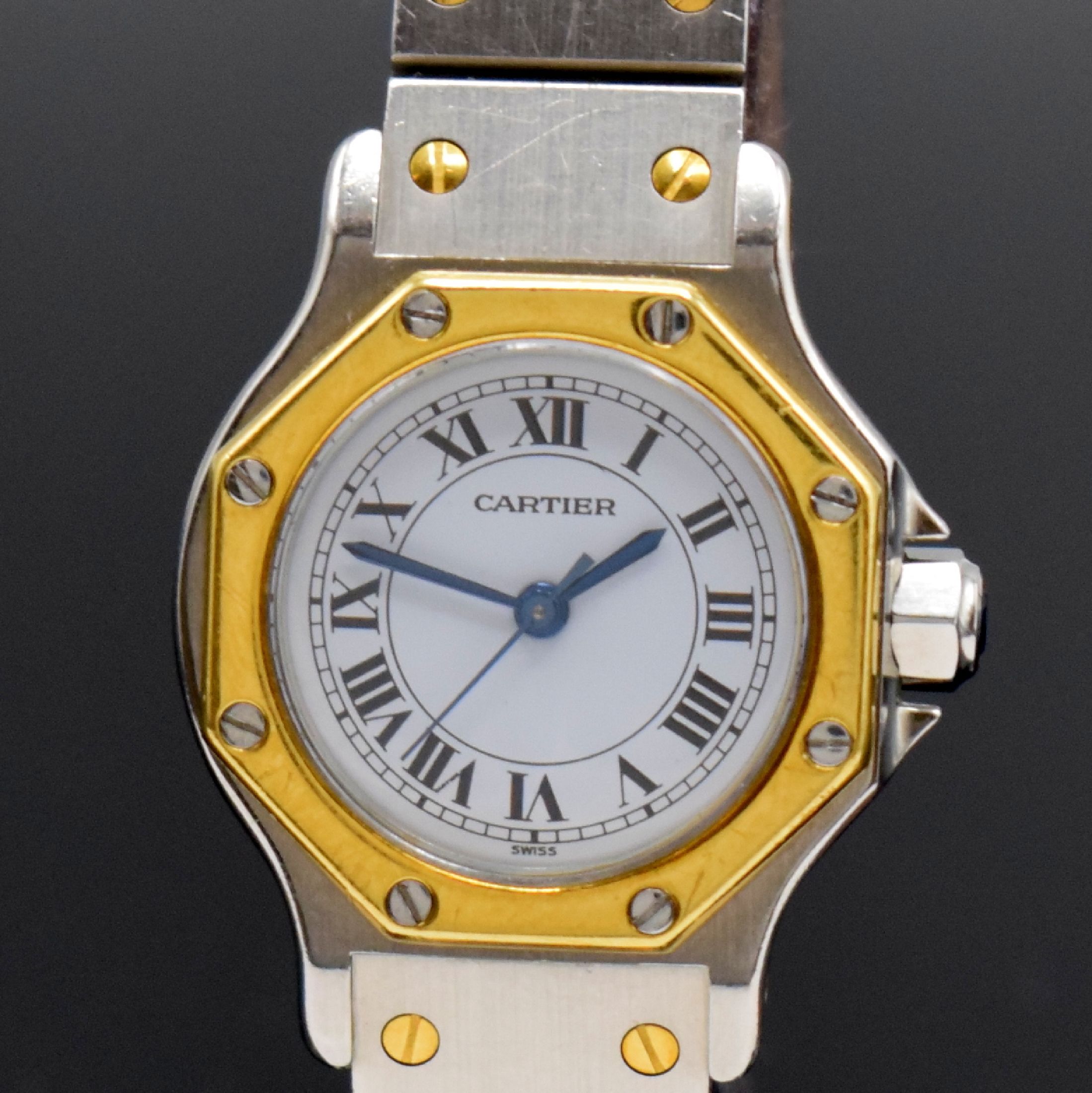 Detail a: CARTIER Santos Damenarmbanduhr, Schweiz um 1985, Automatik, Edelstahl/Gold kombiniert inkl. Gliederband m. Faltschl., Monocoque- Geh., Lünette ...
