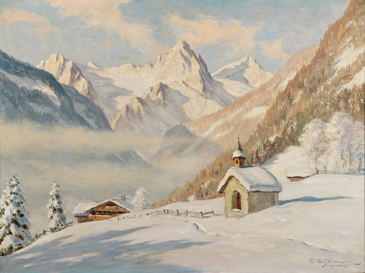 Erwin Kettemann, 1897 - 1971, Wintermorgen bei Kitzbühl, Tirol m. Groß- Venediger, Öl/Lwd, signiert und bez. Mchn, rückseitig auf Rahmen genaue ...