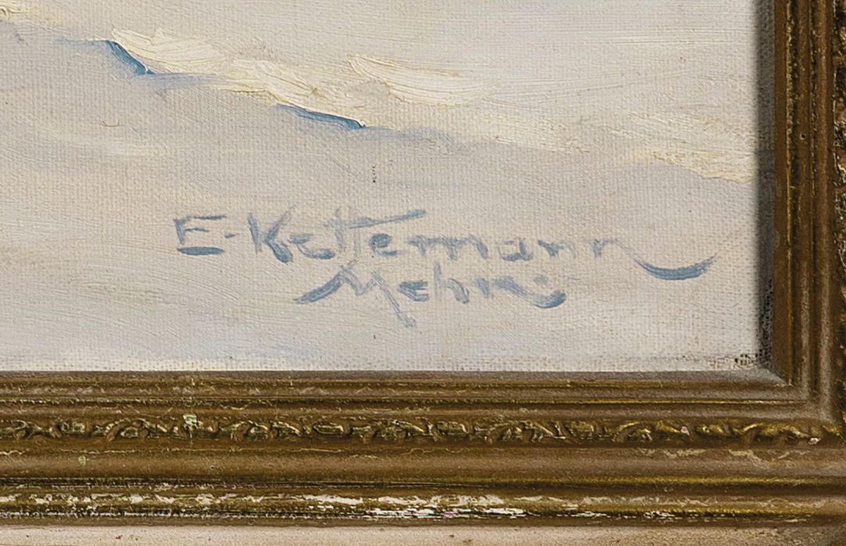 Detail a: Erwin Kettemann, 1897 - 1971, Wintermorgen bei Kitzbühl, Tirol m. Groß- Venediger, Öl/Lwd, signiert und bez. Mchn, rückseitig auf Rahmen genaue ...