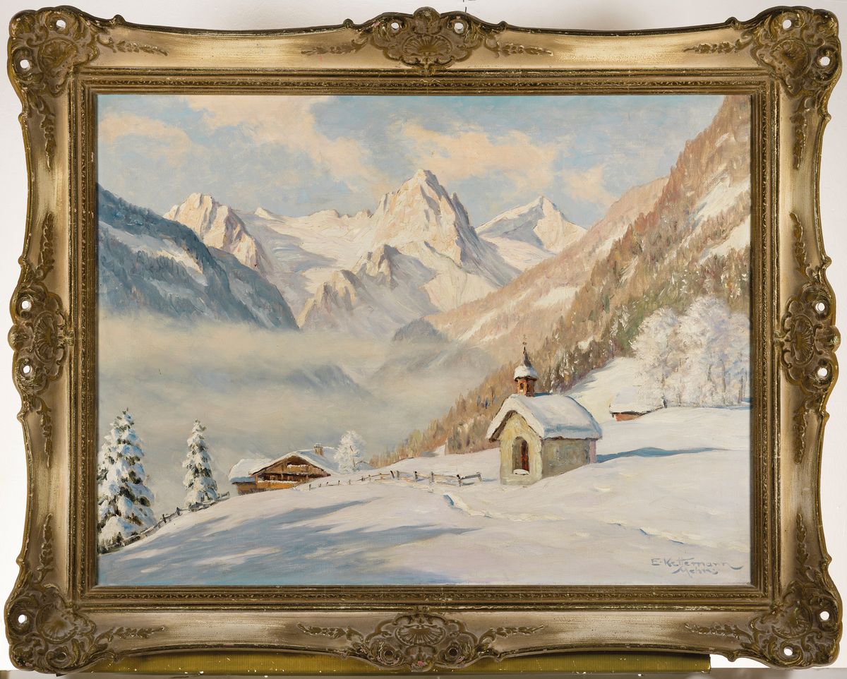 Detail k: Erwin Kettemann, 1897 - 1971, Wintermorgen bei Kitzbühl, Tirol m. Groß- Venediger, Öl/Lwd, signiert und bez. Mchn, rückseitig auf Rahmen genaue ...