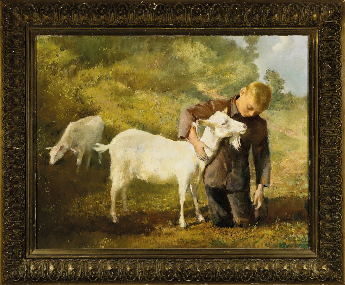 Detail k: W. Mantz oder Mauß, erste Hälfte 20. Jh., Junge mit Ziegen, Öl/Lwd, unleserlich signiert, ca. 50 x 64 cm
