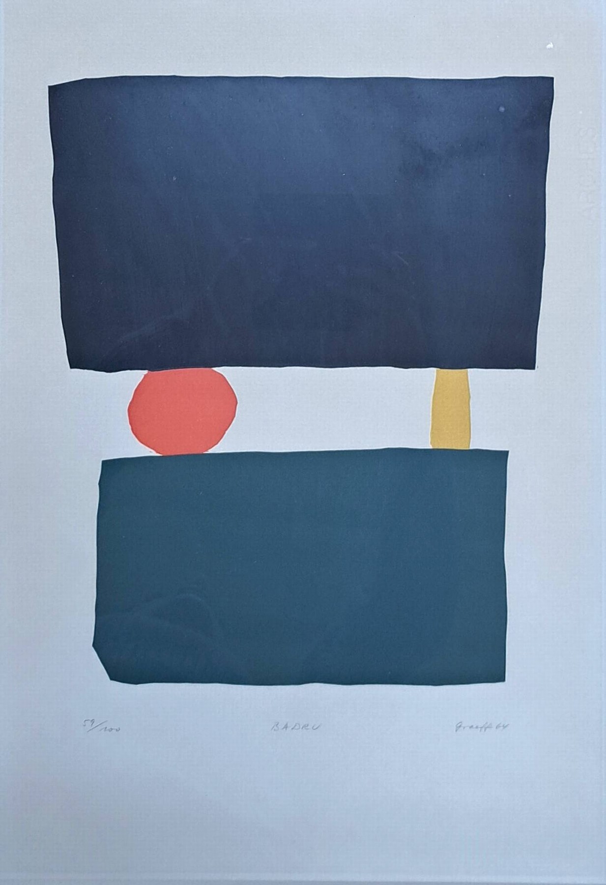 Werner Graeff, 1901 - 1978, Farblinolschnitt, "Badru", 59/100, handsigniert und dat. 64, ca. 54 x 37 cm, unter Glas, Rahmen, l. Altersspuren