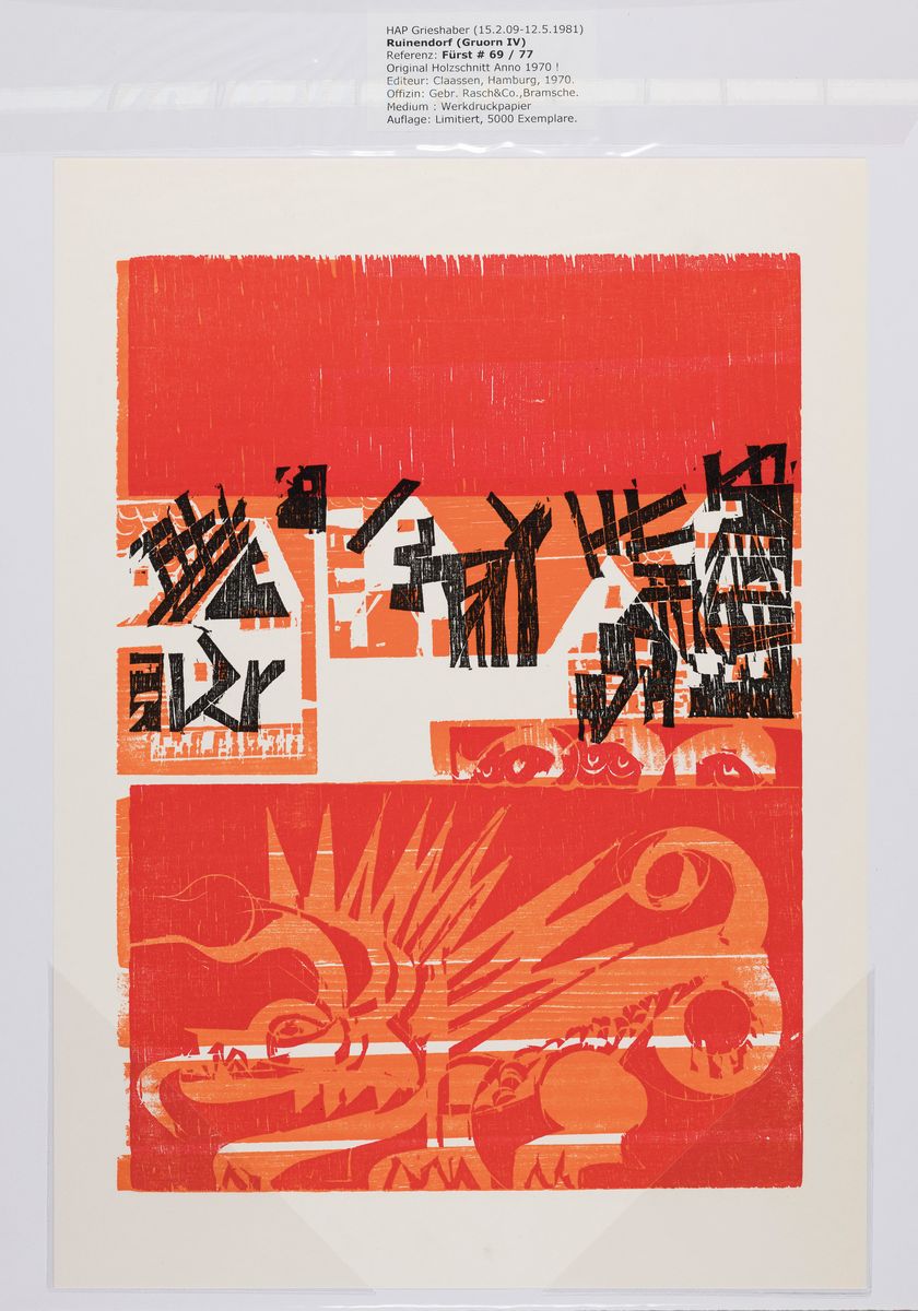 Detail a: HAP Grieshaber, 1909 - 1981, 14 Holzschnitte unsigniert, Editeur Claasen Hamburg, Auflage 5000, u.a.: Täler I/II, Felder I/II/III/IV, Kirchenruine, ...
