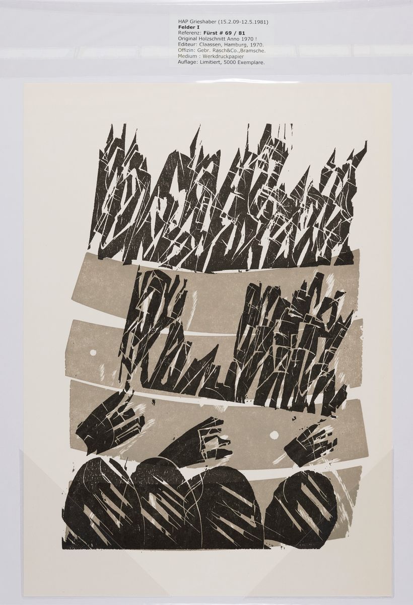 Detail b: HAP Grieshaber, 1909 - 1981, 14 Holzschnitte unsigniert, Editeur Claasen Hamburg, Auflage 5000, u.a.: Täler I/II, Felder I/II/III/IV, Kirchenruine, ...