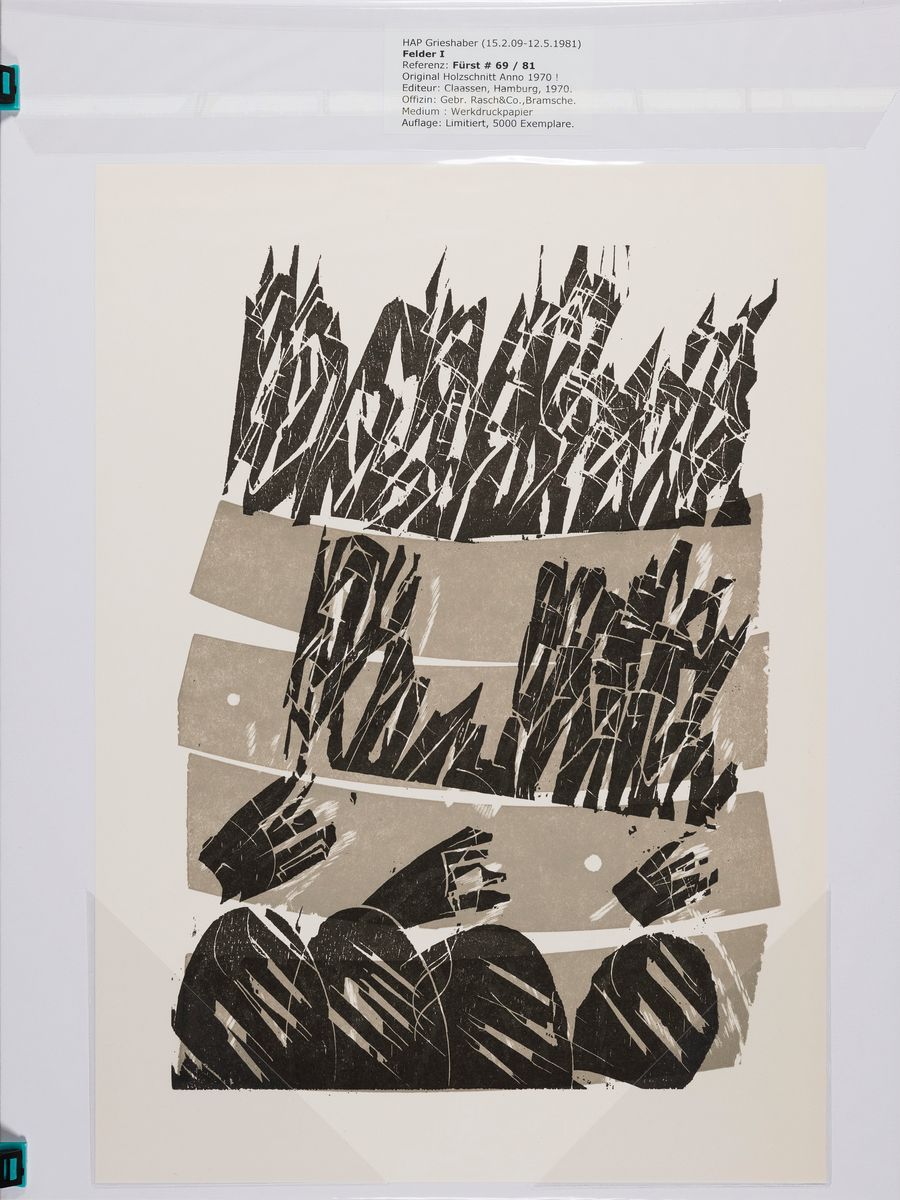 Detail m: HAP Grieshaber, 1909 - 1981, 14 Holzschnitte unsigniert, Editeur Claasen Hamburg, Auflage 5000, u.a.: Täler I/II, Felder I/II/III/IV, Kirchenruine, ...