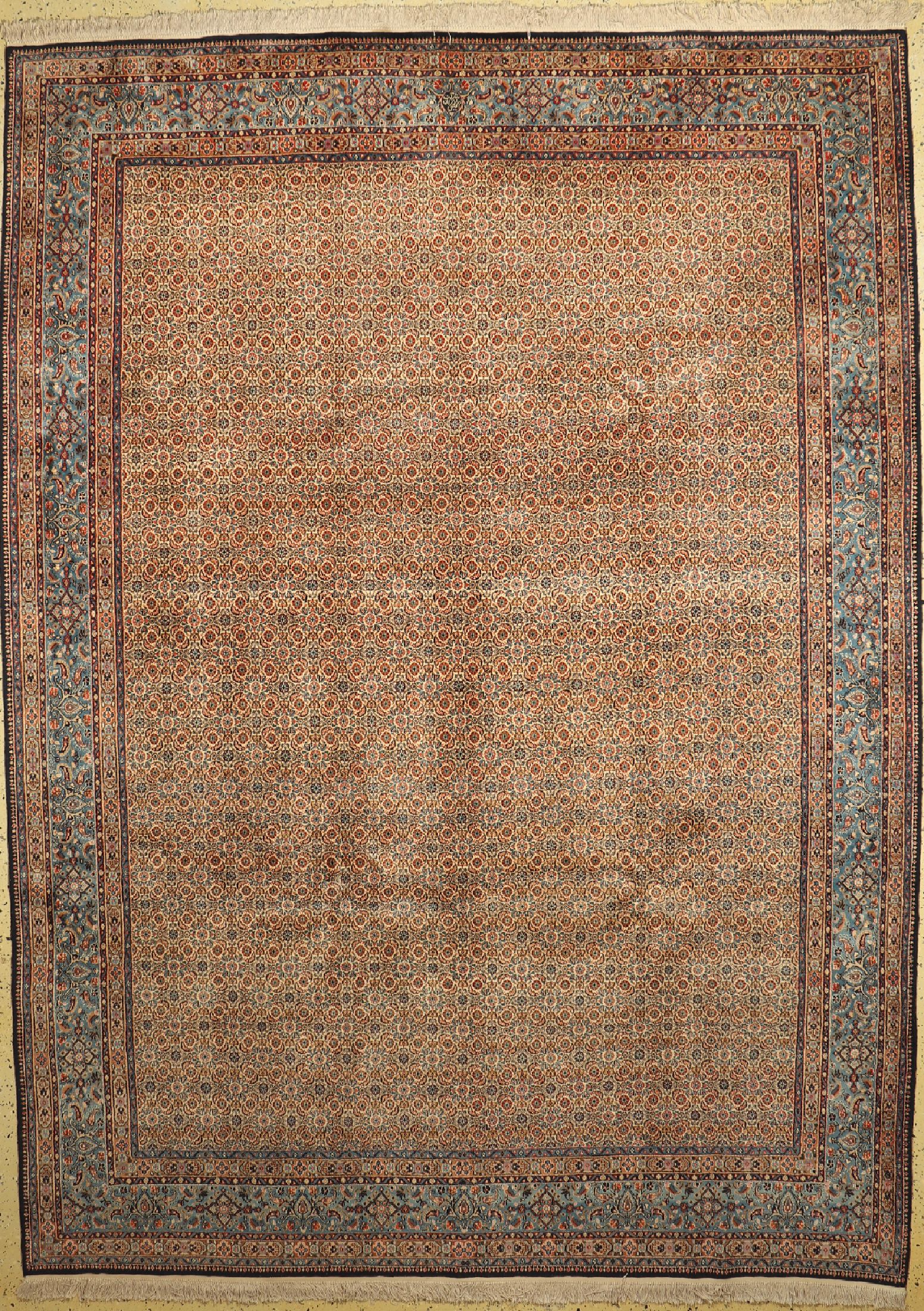 Mud Kork fein, Persien, signiert(Baradaran Amin), ca. 50 Jahre, Korkwolle auf Baumwolle, ca. 346 x 252 cm, EHZ: 1-2