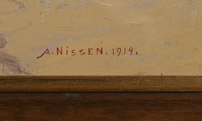 26583813a - Anton Nissen, 1866 Tondern-1934 Rinkenis, student of Carl Ludwig Jessen and Momme Nissen, then Studies at the academy Weimar, 1899-1903 Hamburger Künstlerklub, member of the Ekensund artist colony, here: Beach landscape, oil/painting cardboard, right belowsign. and dated 1919, approx. 40x69cm, frame approx. 51x79cm