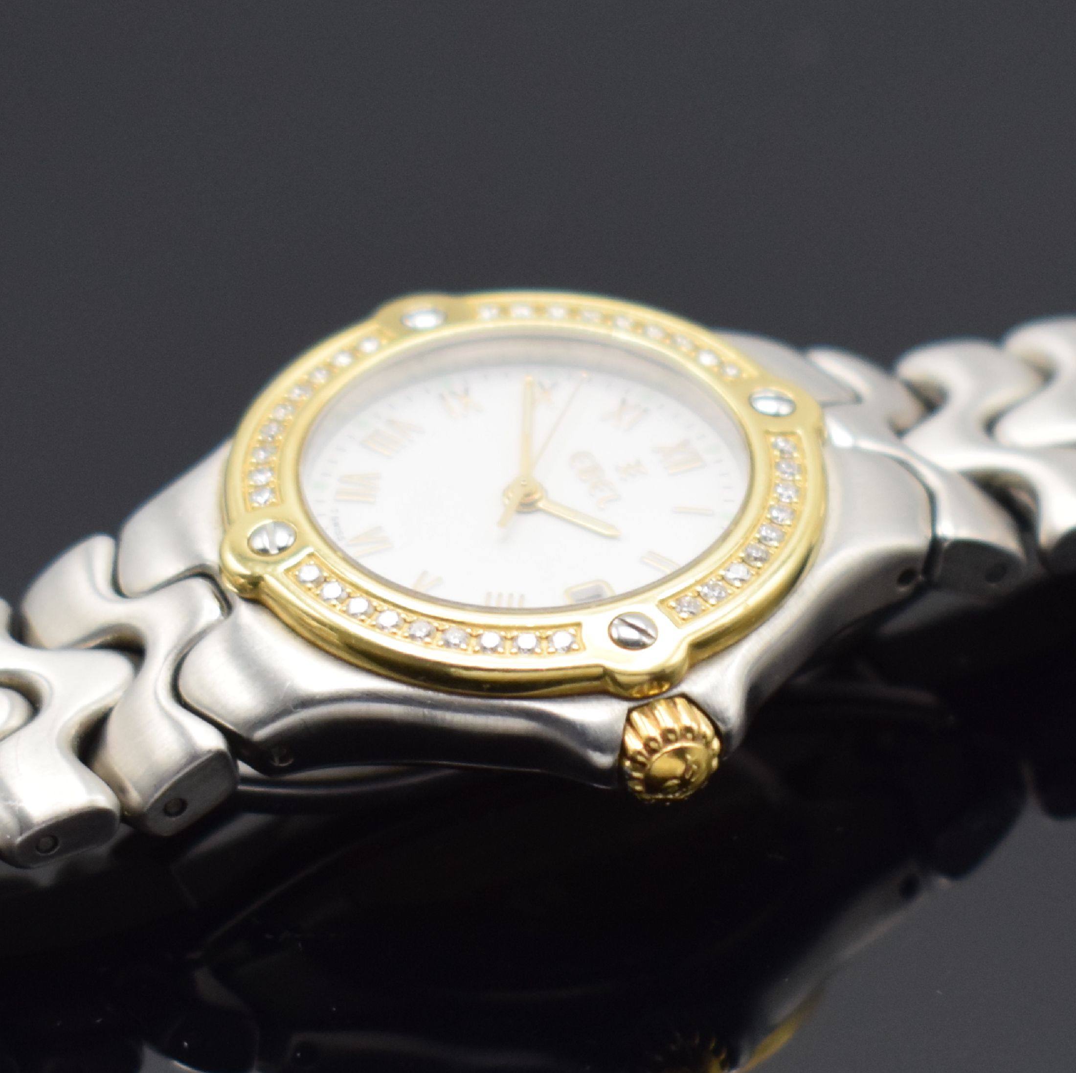 Detail c: EBEL Sportwave Damenarmbanduhr in Stahl/Gold mit Diamanten Referenz 6087624, Schweiz um 1995, quarz, Boden verschr., orig. Gliederband m. dopp. ...