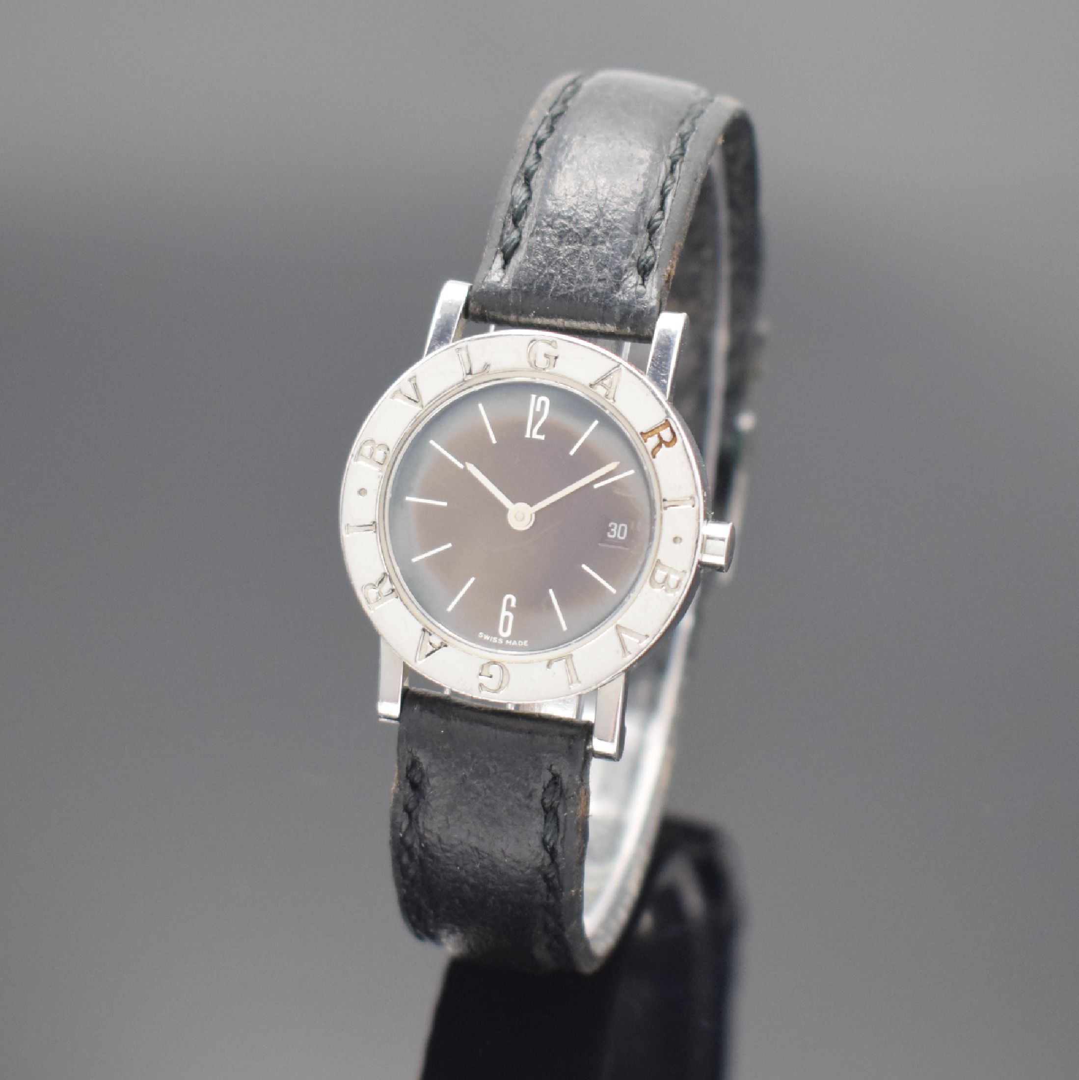 BULGARI Damenarmbanduhr in Stahl Referenz BB 26 SLD, Schweiz um 2005, quarz, orig. Lederband m. orig. Dornschl., Boden aufgedr., stark pat. Zifferbl. ...