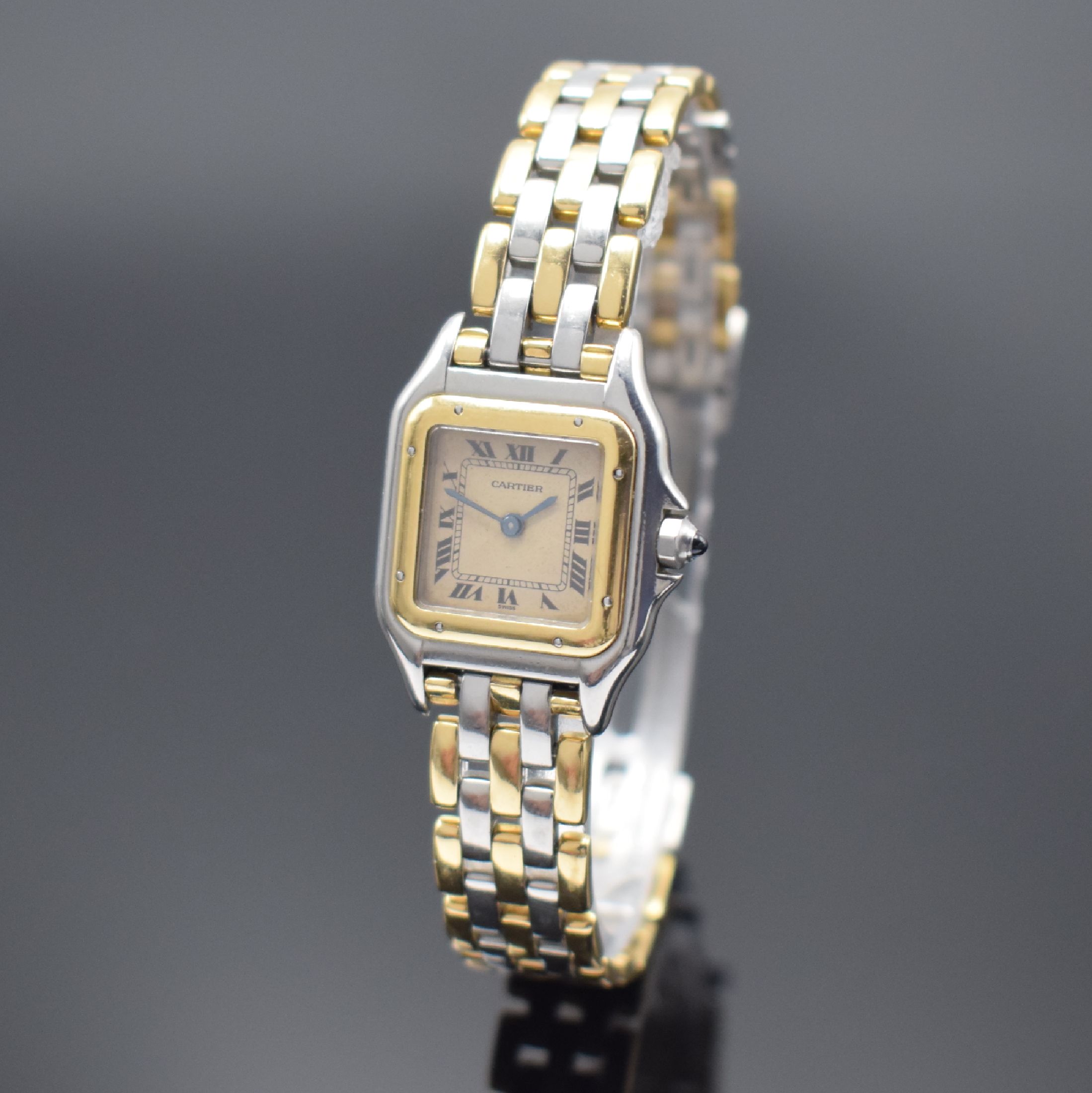 CARTIER Panthere Damenarmbanduhr in Stahl/Gold, Schweiz um 1990, quarz, Boden 8-fach verschr., orig. Gliederband m. dopp. Faltschl., Zifferbl. m. ...