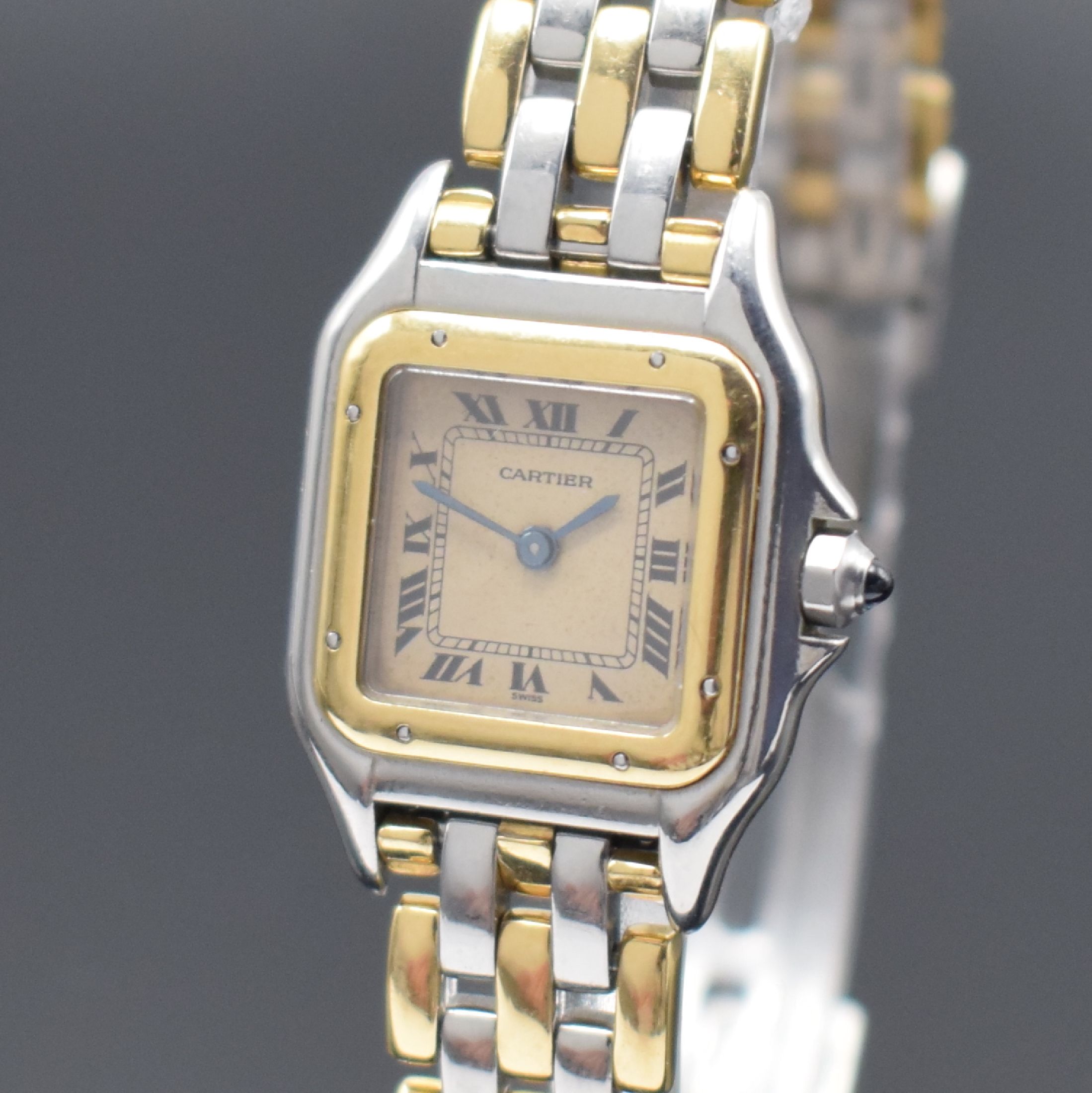Detail a: CARTIER Panthere Damenarmbanduhr in Stahl/Gold, Schweiz um 1990, quarz, Boden 8-fach verschr., orig. Gliederband m. dopp. Faltschl., Zifferbl. m. ...