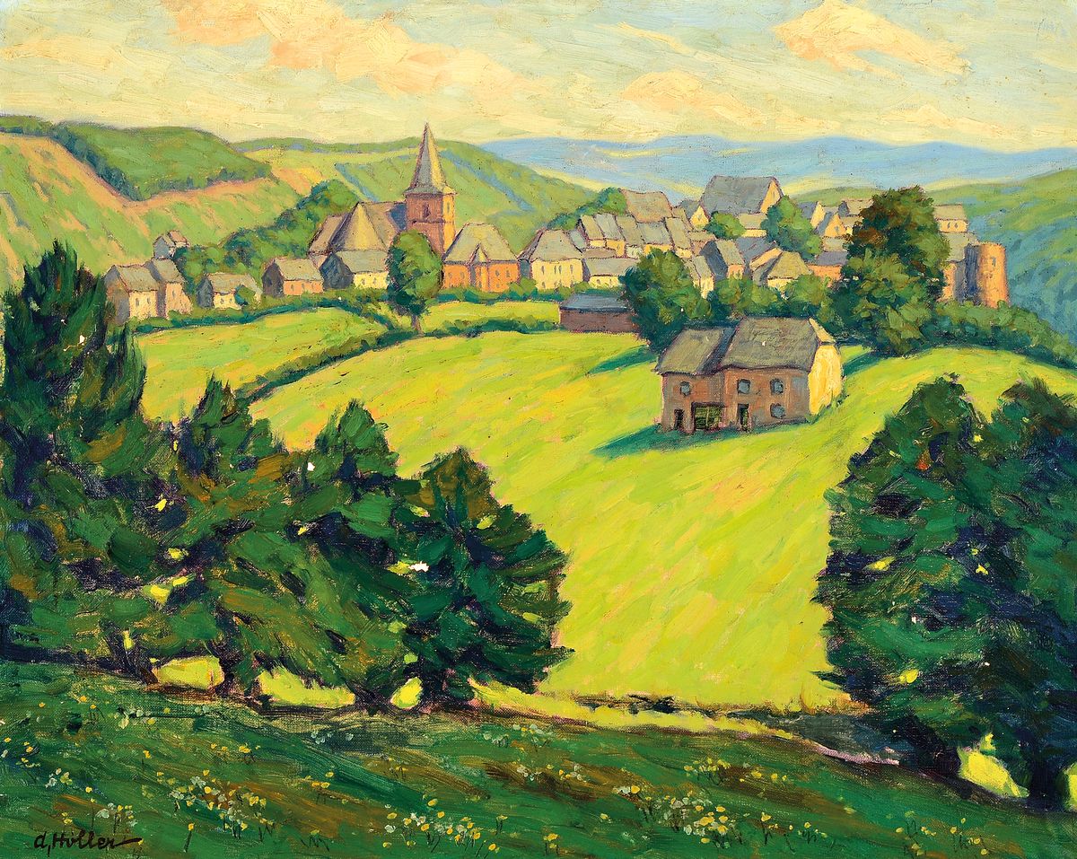 Alfred Holler, 1888 Krefeld-vor 1955, sommerliche hügelige Landschaft mit Blick auf eine Ortschaft mit Kirche, Öl/Lwd, links unten signiert, ca. ...
