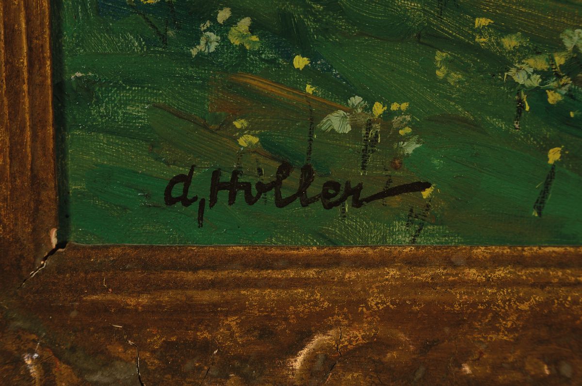 Detail a: Alfred Holler, 1888 Krefeld-vor 1955, sommerliche hügelige Landschaft mit Blick auf eine Ortschaft mit Kirche, Öl/Lwd, links unten signiert, ca. ...