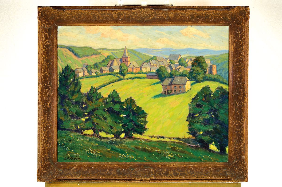 Detail k: Alfred Holler, 1888 Krefeld-vor 1955, sommerliche hügelige Landschaft mit Blick auf eine Ortschaft mit Kirche, Öl/Lwd, links unten signiert, ca. ...