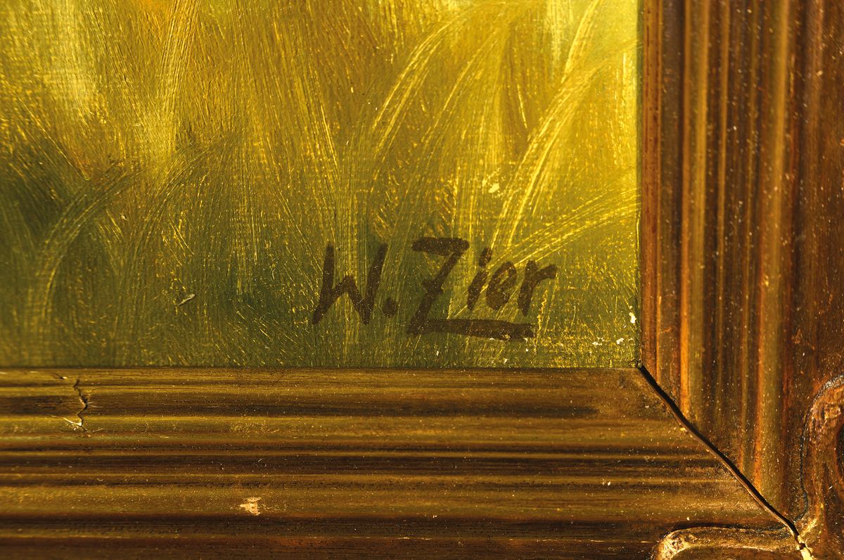 Detail a: Wolmer Zier, 1910-1990, dänischer Künstler, Rotwild auf Waldlichtung, Öl/Lwd, rechts unten signiert, ca. 68x96cm/80x112cm, Rahmen