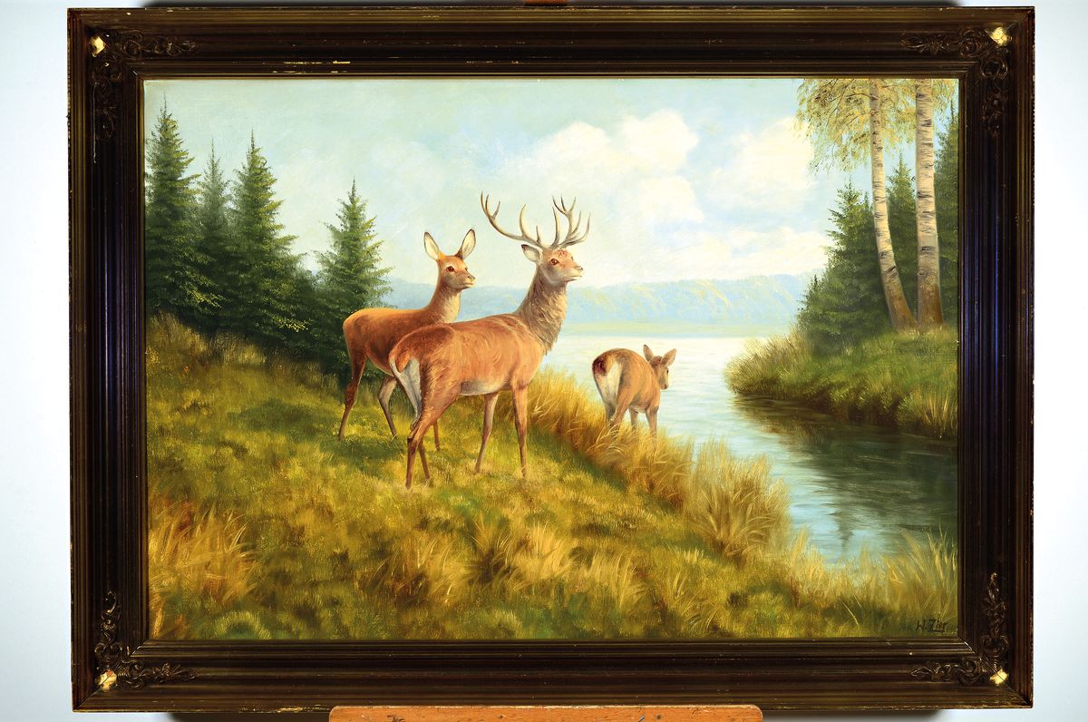 Detail k: Wolmer Zier, 1910-1990, dänischer Künstler, Rotwild auf Waldlichtung, Öl/Lwd, rechts unten signiert, ca. 68x96cm/80x112cm, Rahmen