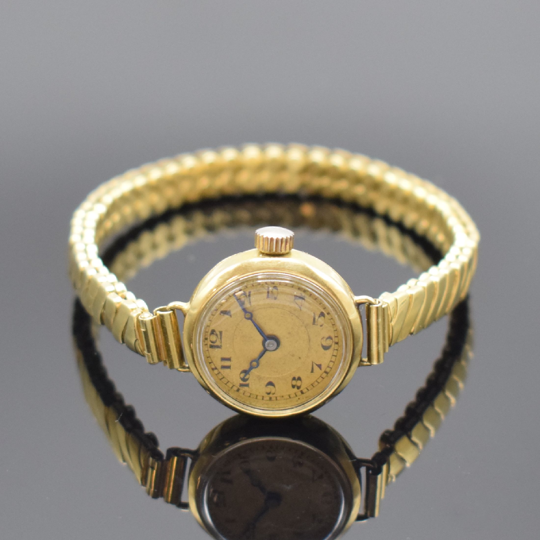 BIDLINGMAIER Armbanduhr in GG 585/000, Deutschland um 1925, Handaufzug, Scharnierboden, Elasto-Fixo-Scheren- Gliederband m. Goldkappen in GG 585/000 ...