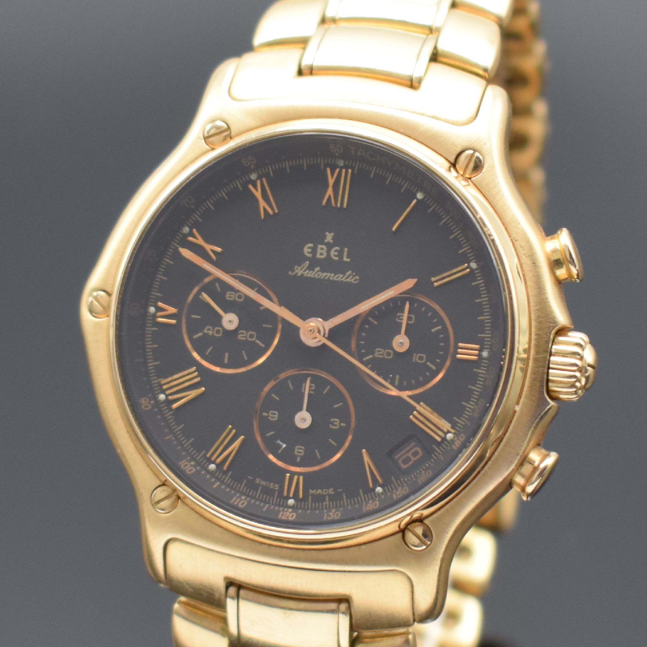Detail a: EBEL El Primero Schaltradchronograph in RG 750/000 Referenz 5134901, Schweiz um 1990, Automatik, 3-teiliges Goldgeh. inkl. Gliederband in RG 750/000 ...