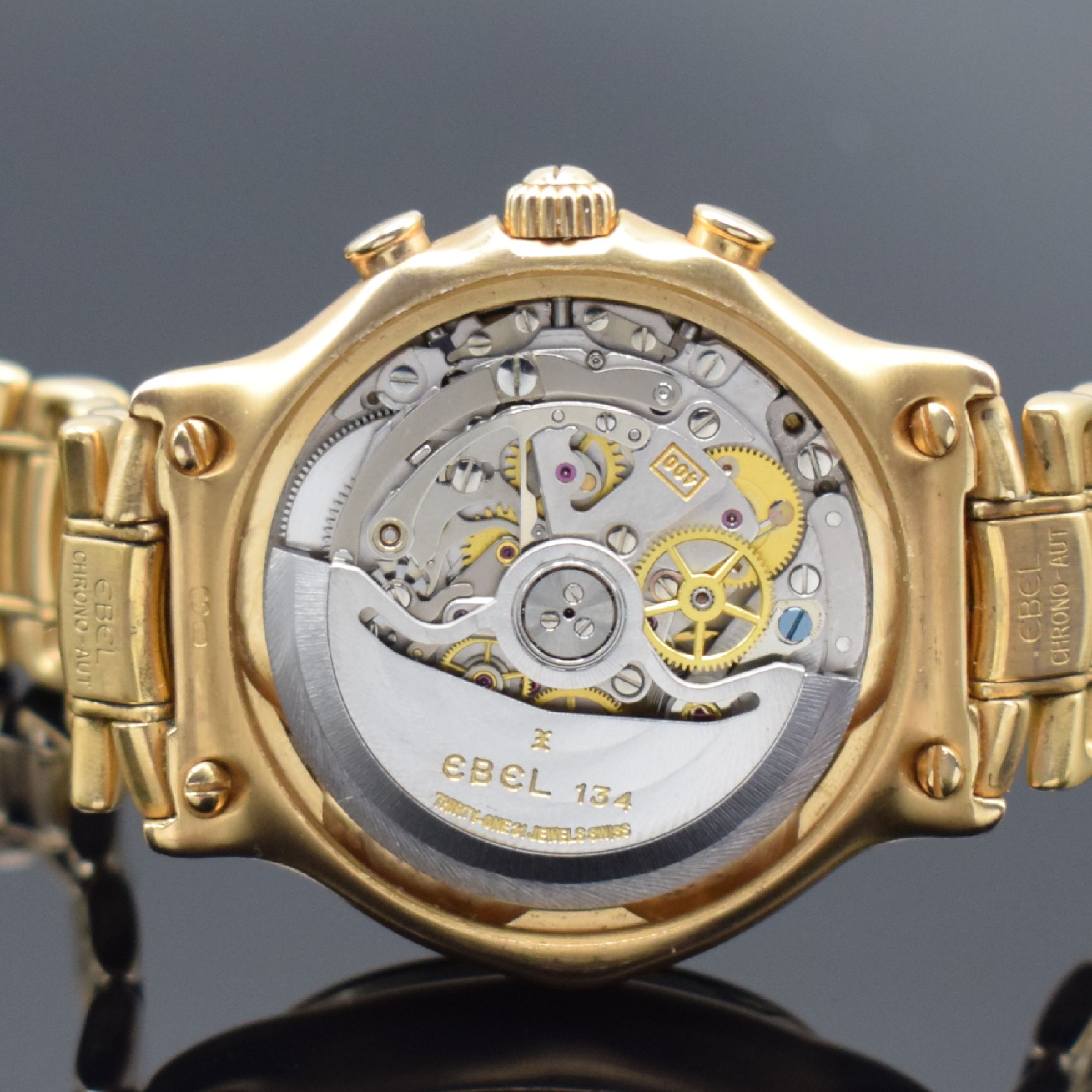 Detail e: EBEL El Primero Schaltradchronograph in RG 750/000 Referenz 5134901, Schweiz um 1990, Automatik, 3-teiliges Goldgeh. inkl. Gliederband in RG 750/000 ...