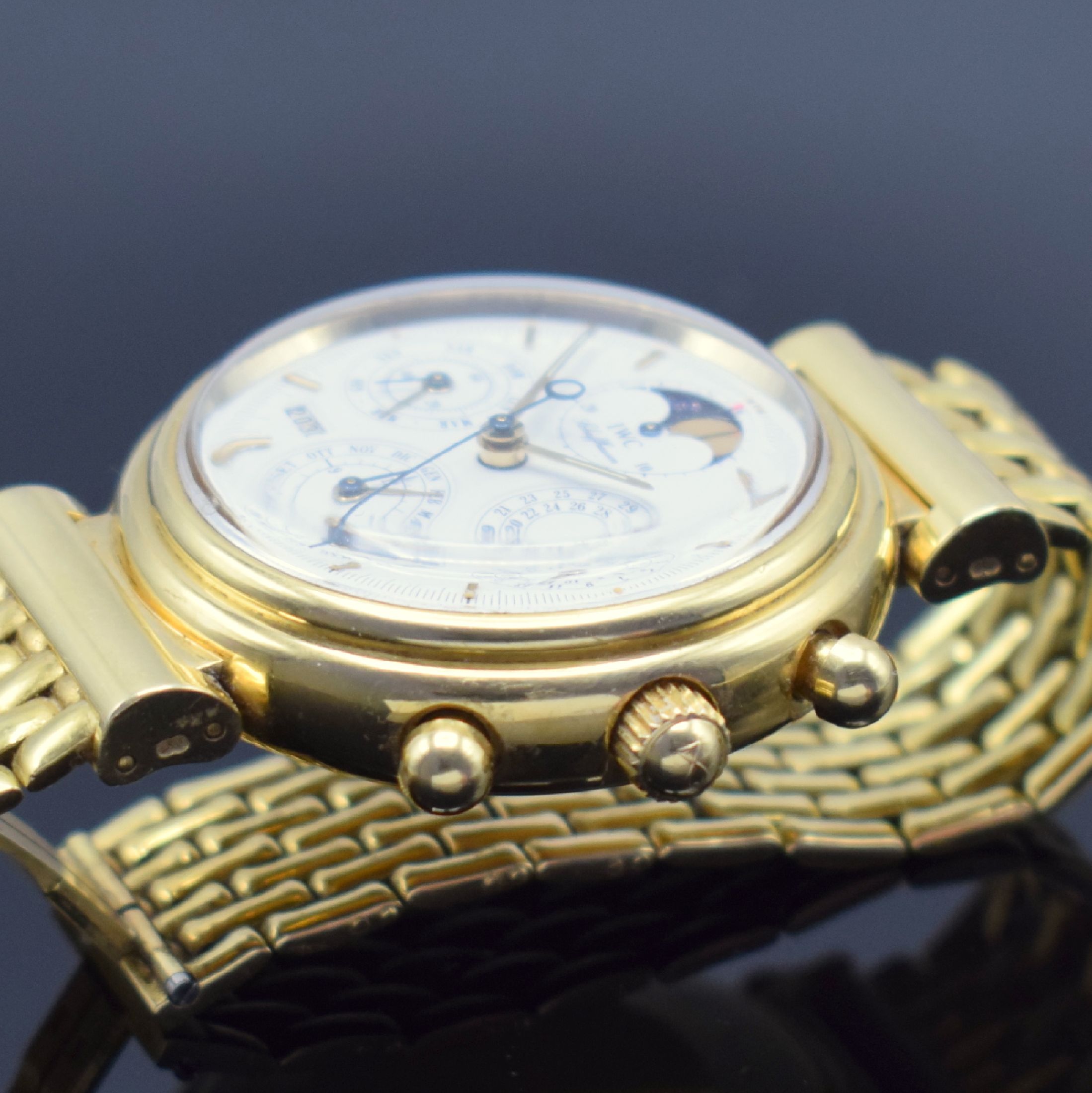 Detail d: IWC feiner astronomischer Armbandchronograph Modell Da Vinci mit ewigem Kalender Referenz 3750 in GG 750/000, Automatik, Schweiz um 1990, orig. ...