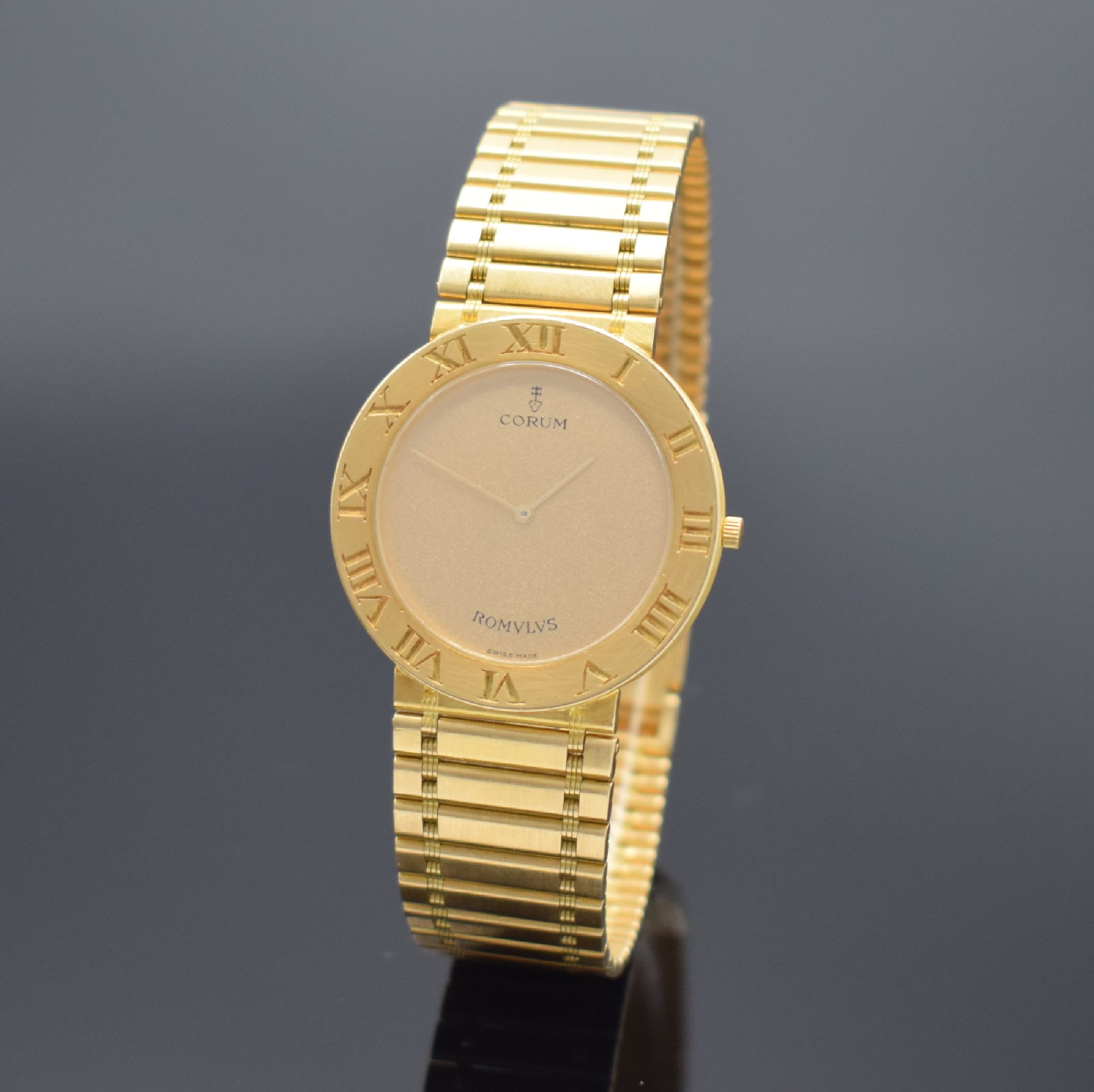 CORUM Herrengoldbanduhr Serie Romulus in GG 750/000 Referenz 50.503.56 V-48, Schweiz um 1988, GG 750/000 Gliederband, Boden 6-fach verschr., ...