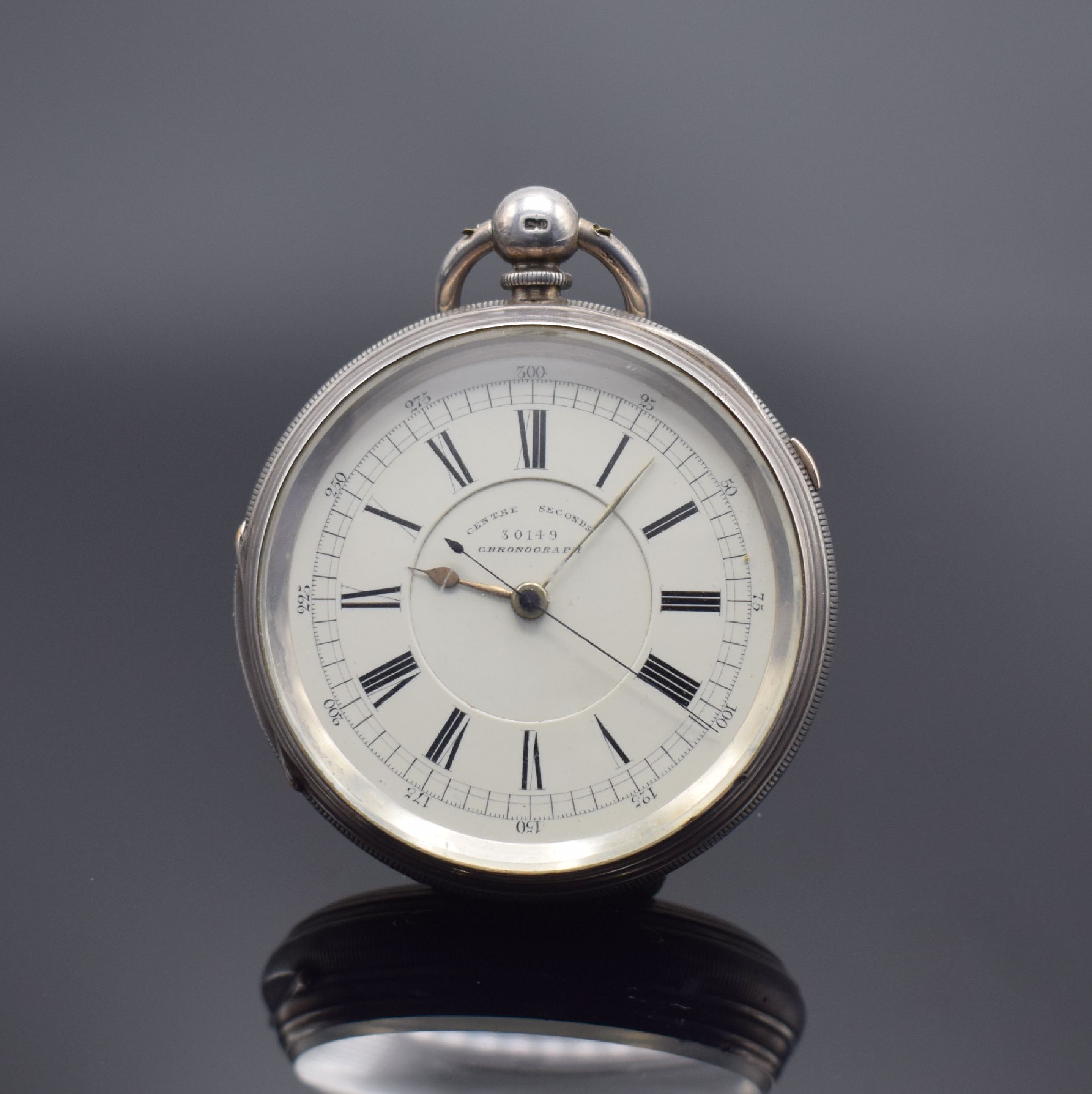 MAX COHEN MANCHESTER Centre Seconds Chronograph offene Herrentaschenuhr in Silber mit Schlüsselaufzug, England um 1900, schweres Silbergeh., 2-teil. ...
