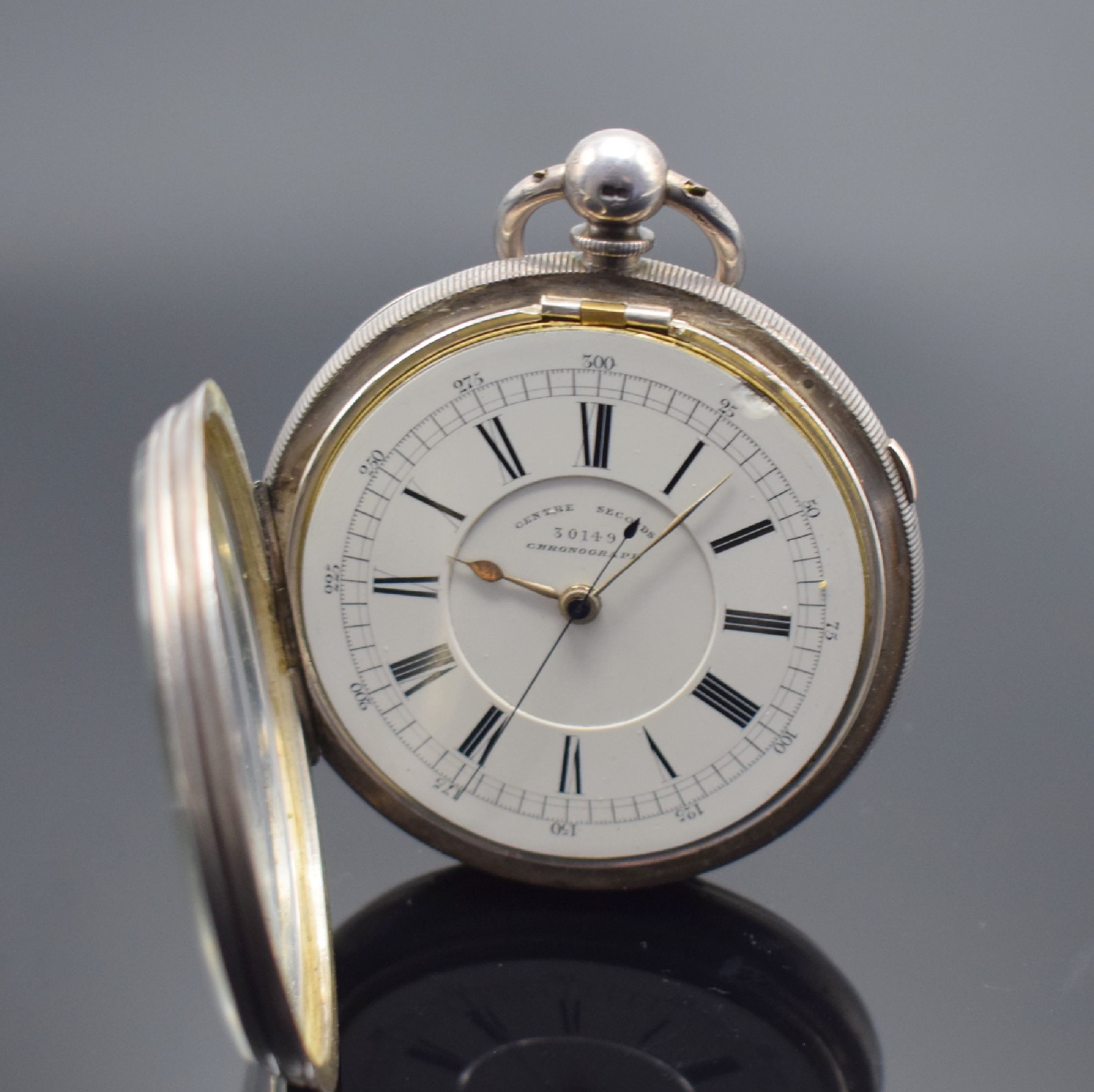 Detail a: MAX COHEN MANCHESTER Centre Seconds Chronograph offene Herrentaschenuhr in Silber mit Schlüsselaufzug, England um 1900, schweres Silbergeh., 2-teil. ...