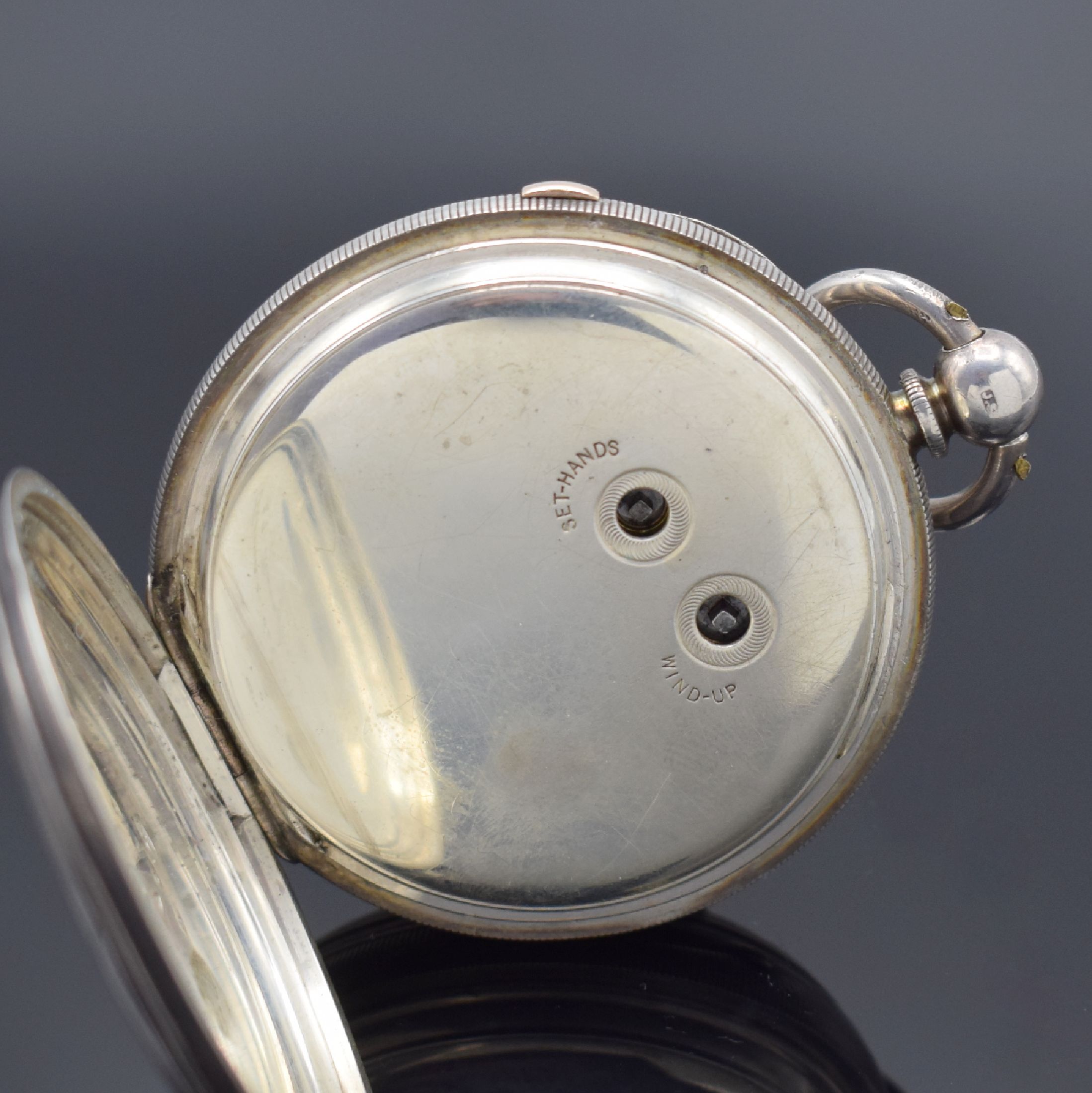 Detail d: MAX COHEN MANCHESTER Centre Seconds Chronograph offene Herrentaschenuhr in Silber mit Schlüsselaufzug, England um 1900, schweres Silbergeh., 2-teil. ...