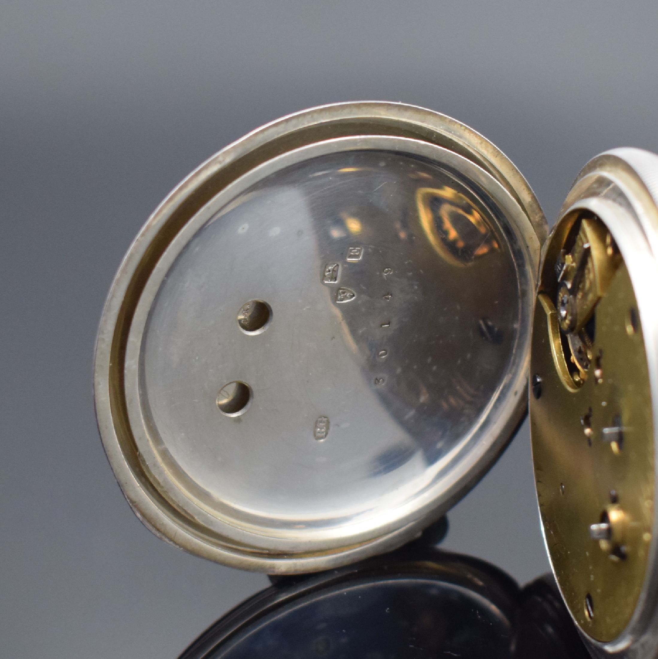 Detail e: MAX COHEN MANCHESTER Centre Seconds Chronograph offene Herrentaschenuhr in Silber mit Schlüsselaufzug, England um 1900, schweres Silbergeh., 2-teil. ...