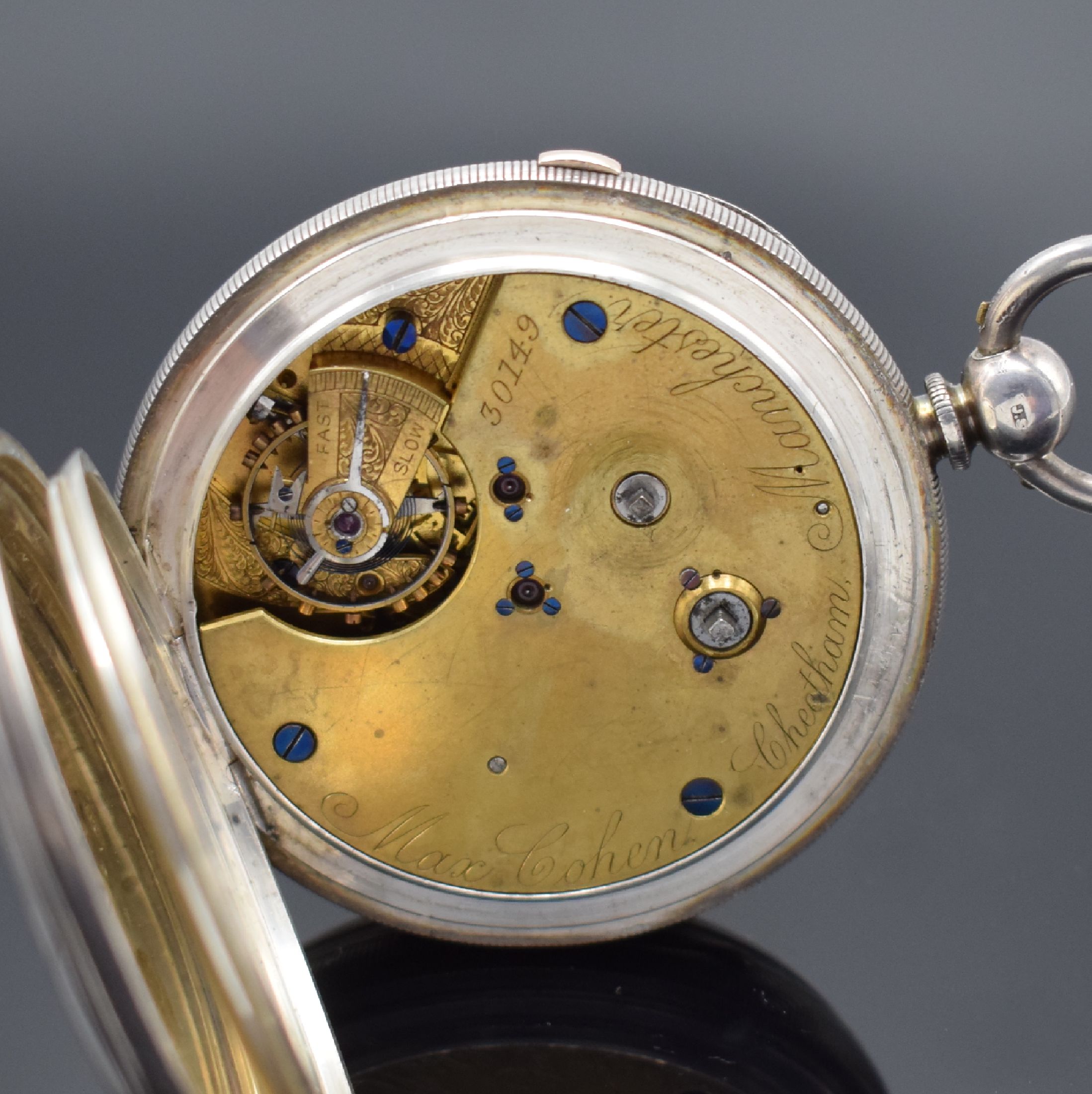 Detail f: MAX COHEN MANCHESTER Centre Seconds Chronograph offene Herrentaschenuhr in Silber mit Schlüsselaufzug, England um 1900, schweres Silbergeh., 2-teil. ...