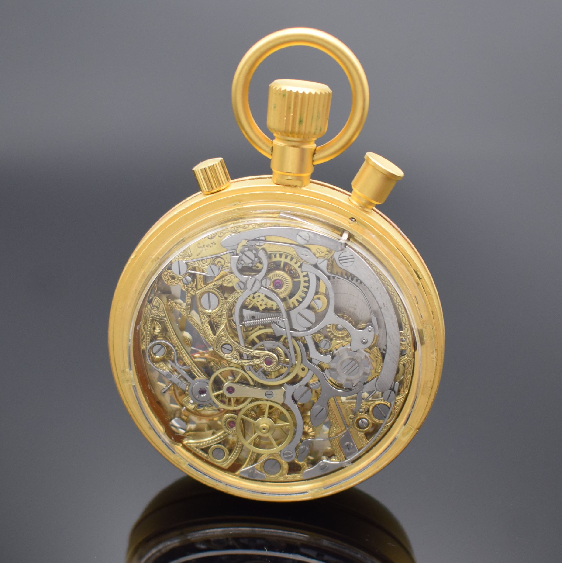 Detail b: SINN seltene, offene Herrentaschenuhr mit Rattrapante-Stoppfunktion, wohl Prototyp, Deutschland 1980/90er Jahre, Metall verg., verg. Zifferbl. skel., ...