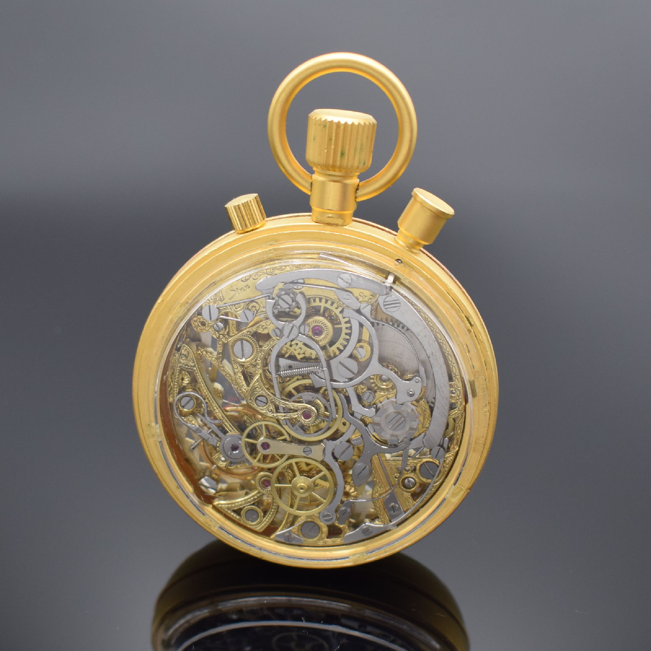 Detail c: SINN seltene, offene Herrentaschenuhr mit Rattrapante-Stoppfunktion, wohl Prototyp, Deutschland 1980/90er Jahre, Metall verg., verg. Zifferbl. skel., ...