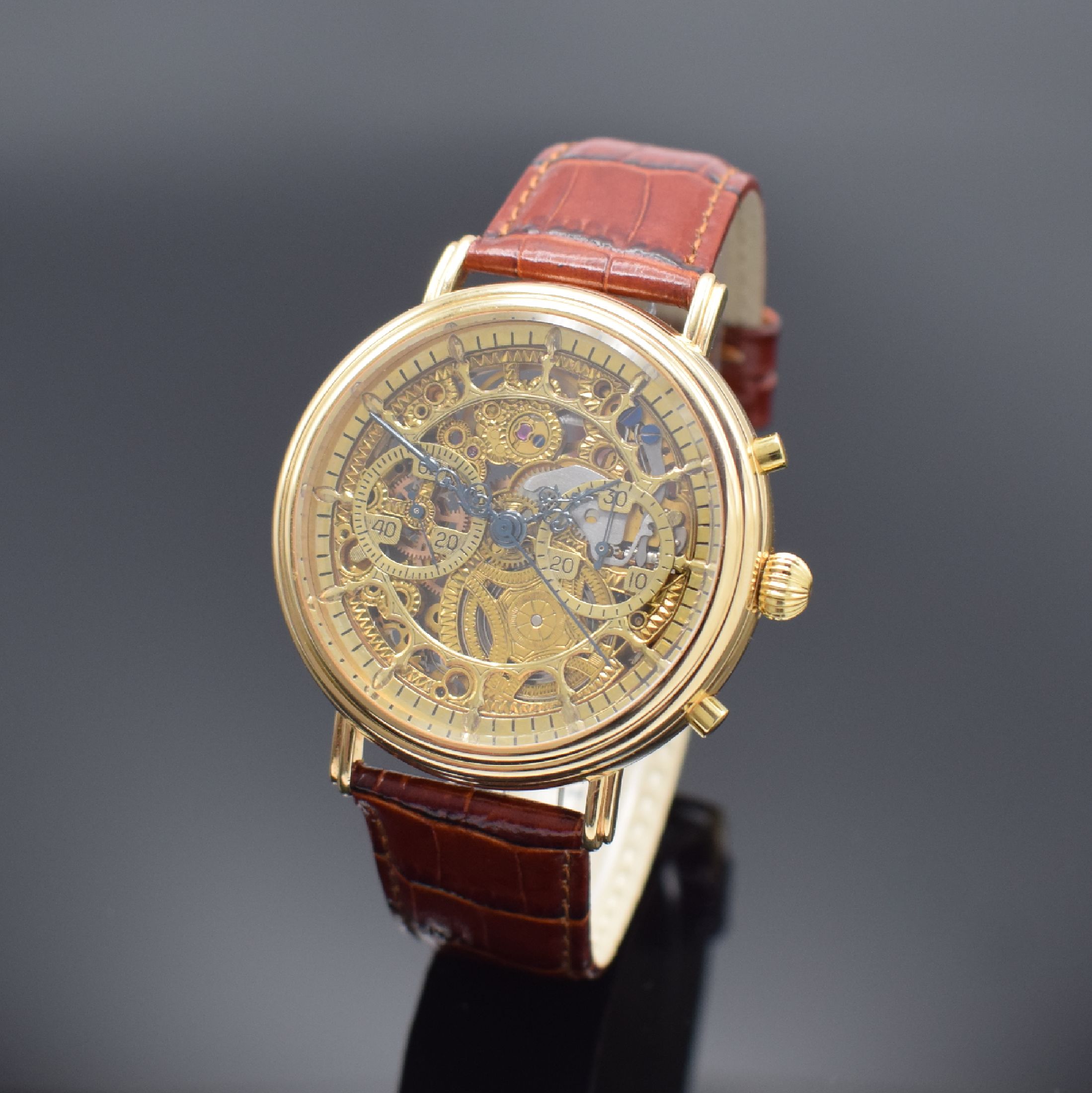 SINN extrem seltener, skelettierter Schaltradchronograph in GG 750/000, wohl Prototyp, Deutschland um 1990, 3-teil. Geh. beids. vergl., Boden und ...
