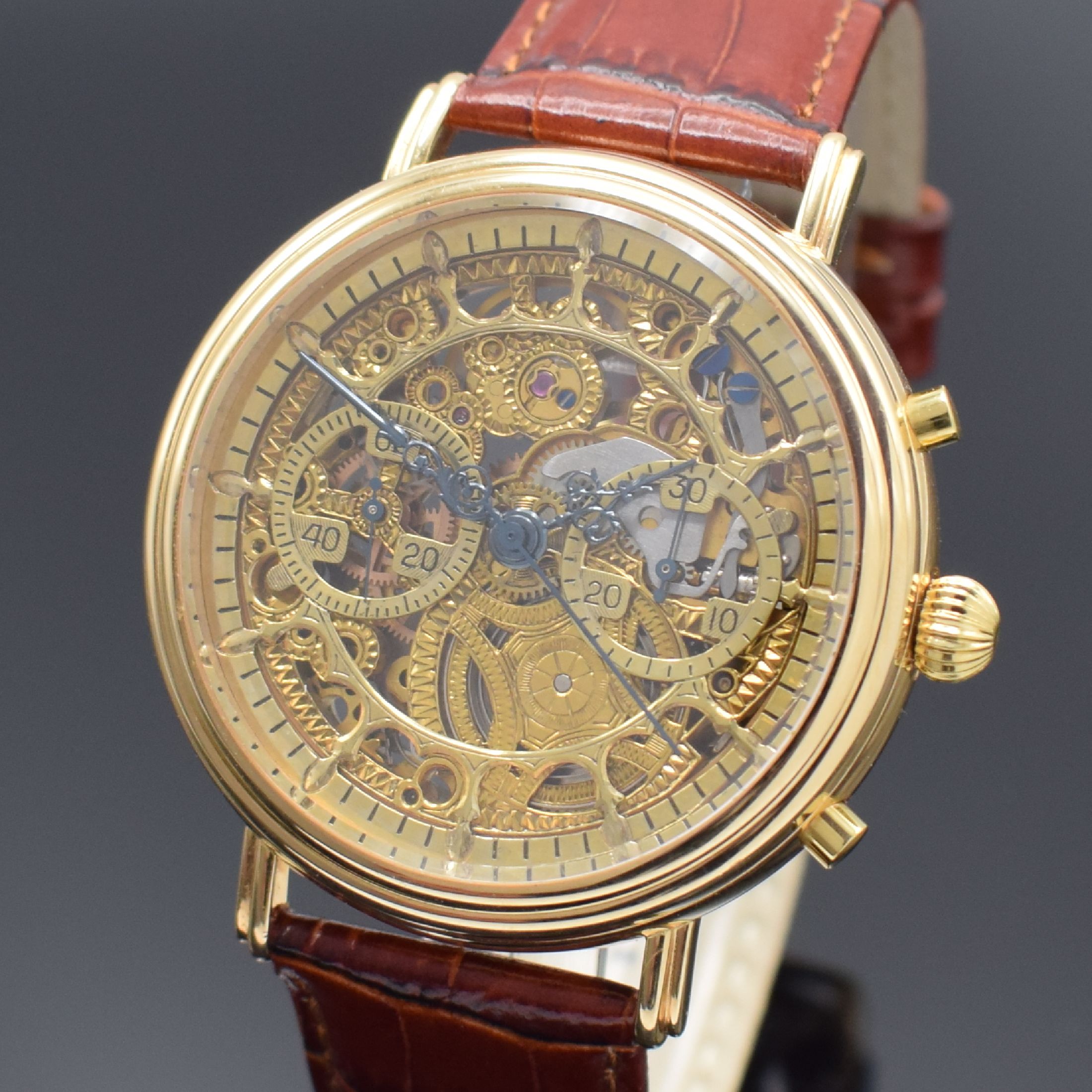 Detail a: SINN extrem seltener, skelettierter Schaltradchronograph in GG 750/000, wohl Prototyp, Deutschland um 1990, 3-teil. Geh. beids. vergl., Boden und ...