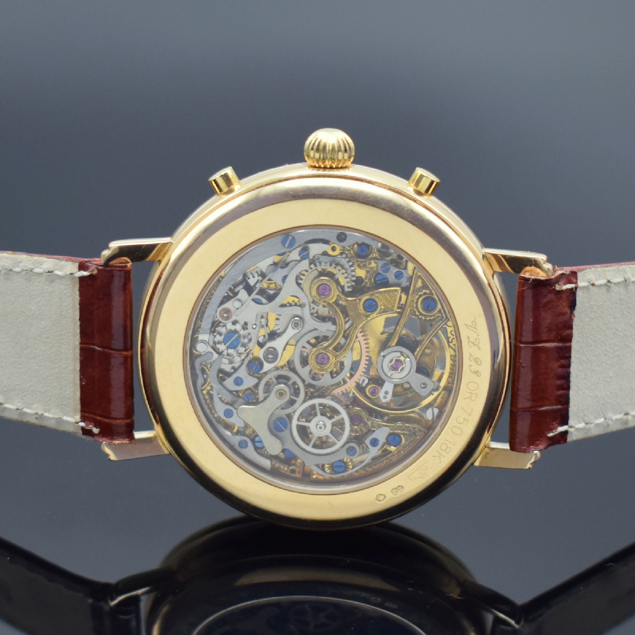 Detail d: SINN extrem seltener, skelettierter Schaltradchronograph in GG 750/000, wohl Prototyp, Deutschland um 1990, 3-teil. Geh. beids. vergl., Boden und ...