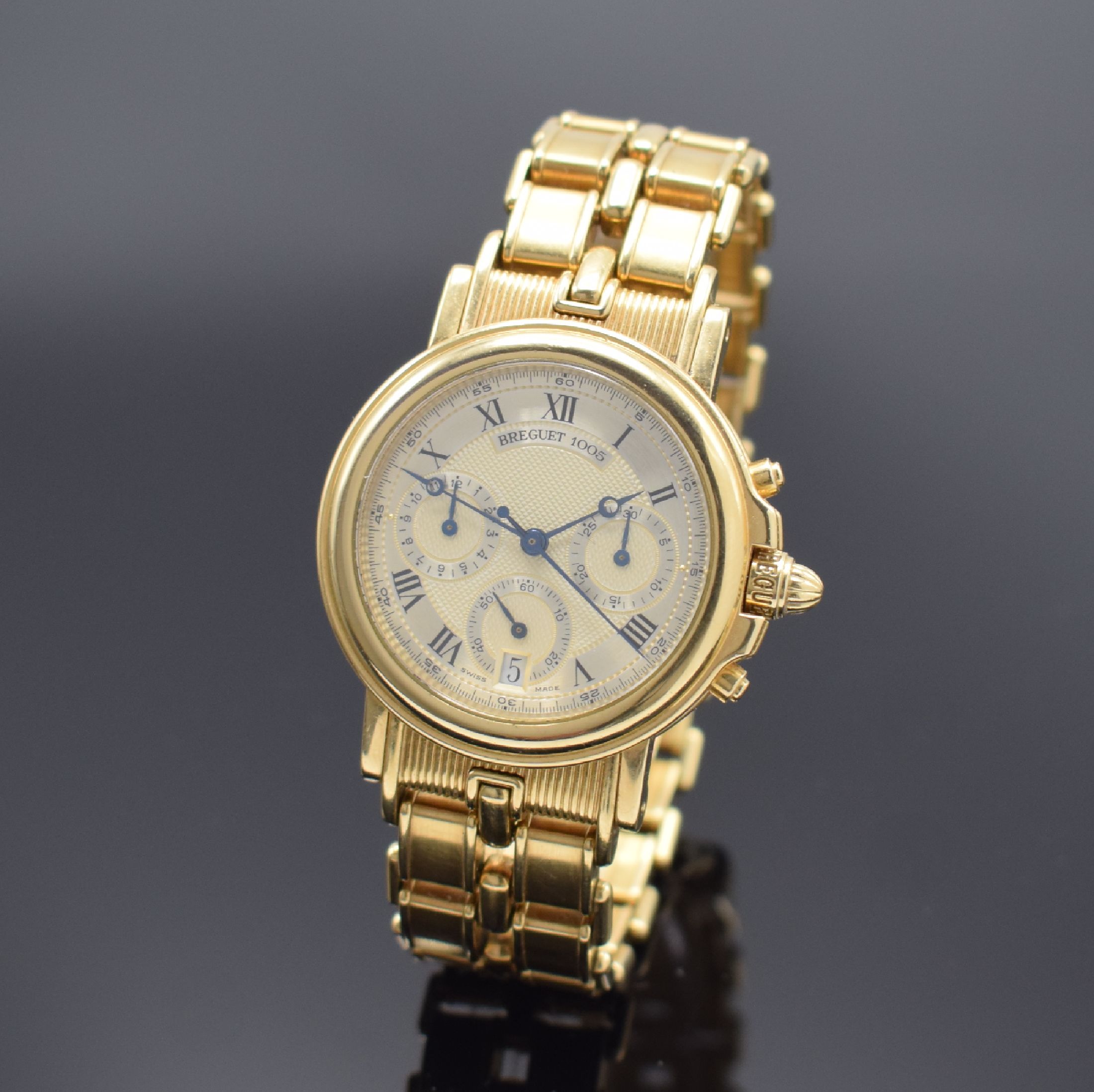 BREGUET Marine Armbandchronograph in GG 750/000 Referenz 3460, Automatik, Schweiz um 1990, 3-teil. Geh., Boden 6-fach verschr., Münzrand, orig. ...