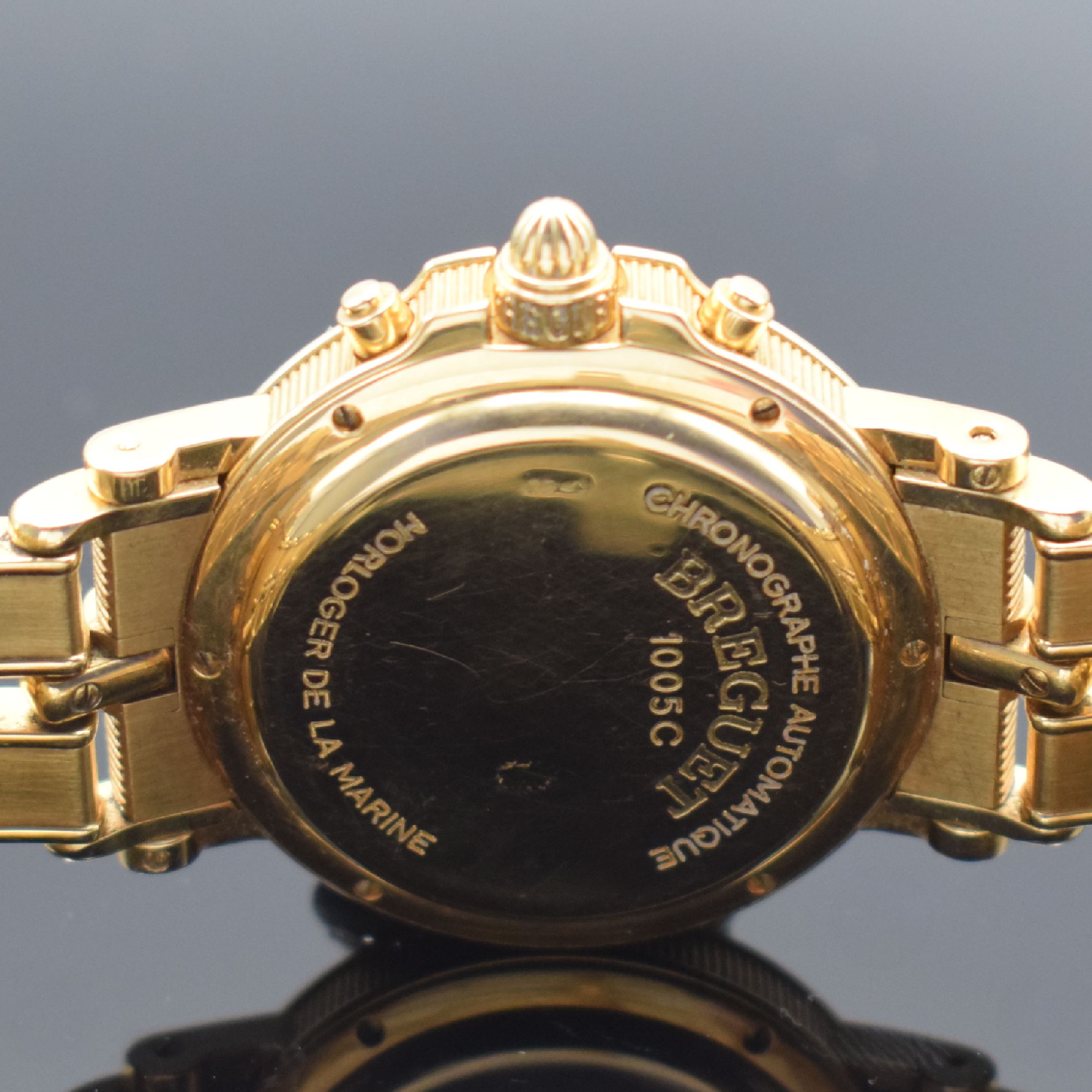 Detail e: BREGUET Marine Armbandchronograph in GG 750/000 Referenz 3460, Automatik, Schweiz um 1990, 3-teil. Geh., Boden 6-fach verschr., Münzrand, orig. ...