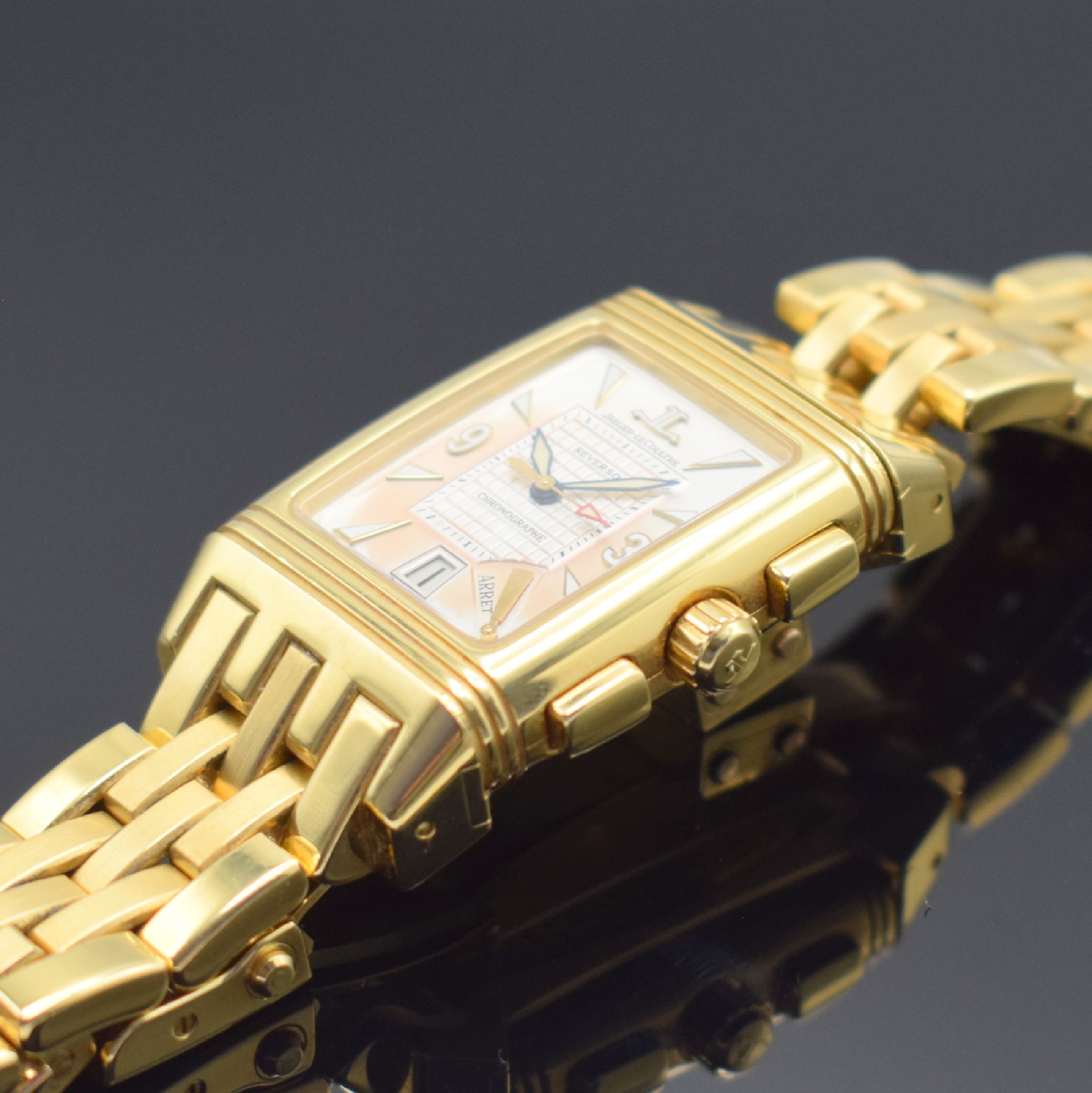 Detail f: Jaeger-LeCoultre Armbandchronograph Modell Reverso Gran´Sport in GG 750/000 Referenz 295.110.592, Handaufzug, um 180 Grad drehb. Goldgehäuse inkl. ...