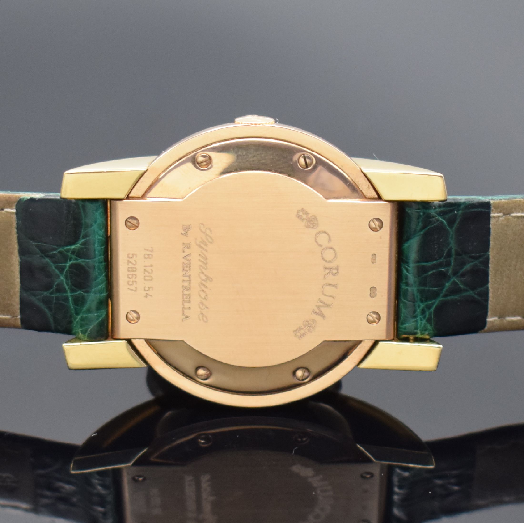 Detail e: CORUM feine und seltene Herrenarmbanduhr Modell Symbiose Design von R. Ventrella in GG/RG 750/000 Referenz 78.120.54, Automatik, Schweiz um 1997, ...