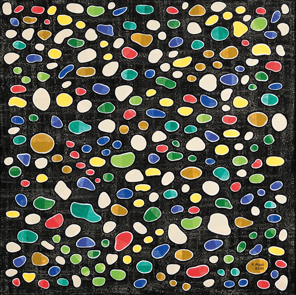Karin Maas, geb. 1952, Messen und Aussstellungen im In-und Ausland, Titel: "Bunte Steine", Acryl/Lwd, re. unten sign., R., ca. 84x84 cm