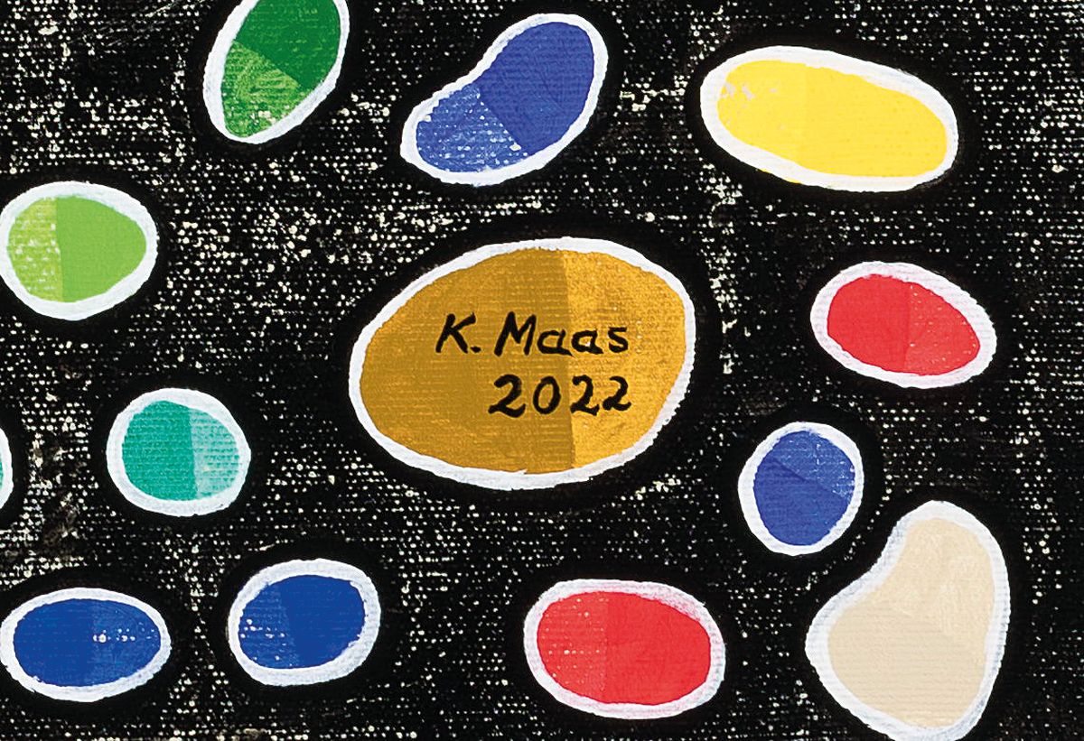 Detail a: Karin Maas, geb. 1952, Messen und Aussstellungen im In-und Ausland, Titel: "Bunte Steine", Acryl/Lwd, re. unten sign., R., ca. 84x84 cm
