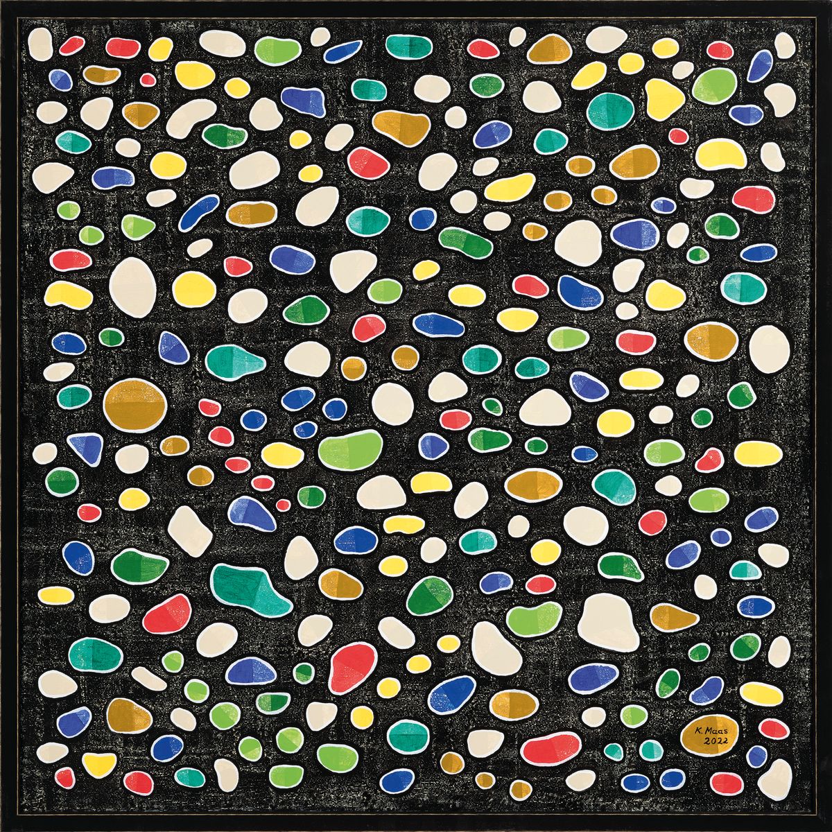 Detail k: Karin Maas, geb. 1952, Messen und Aussstellungen im In-und Ausland, Titel: "Bunte Steine", Acryl/Lwd, re. unten sign., R., ca. 84x84 cm