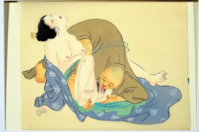 26586044j - 4 Shunga leaves, Japan, around 1900, watercolor on tissue paper, each approx. 15x21cm, slight signs of age