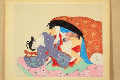 26586044m - 4 Shunga leaves, Japan, around 1900, watercolor on tissue paper, each approx. 15x21cm, slight signs of age