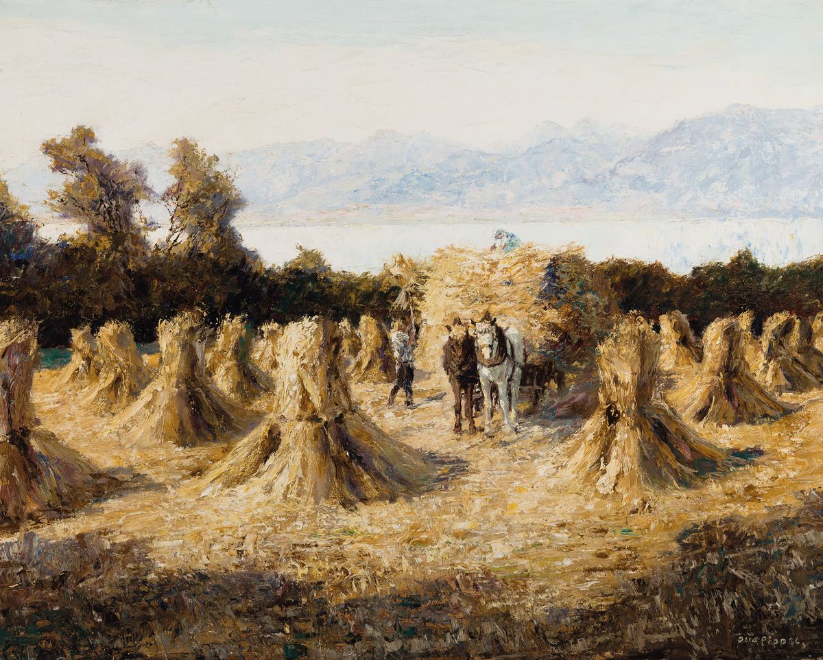 Otto Pippel, 1878 Lodz-1960 Planegg, Deutscher Sommer, rückseitig so betitelt, Ernteszene in einem Getreidefeld, Öl/Lwd, rechts unten signiert, ca. ...
