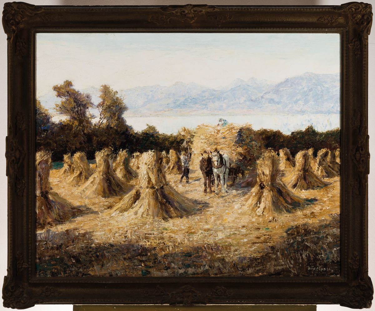 Detail k: Otto Pippel, 1878 Lodz-1960 Planegg, Deutscher Sommer, rückseitig so betitelt, Ernteszene in einem Getreidefeld, Öl/Lwd, rechts unten signiert, ca. ...
