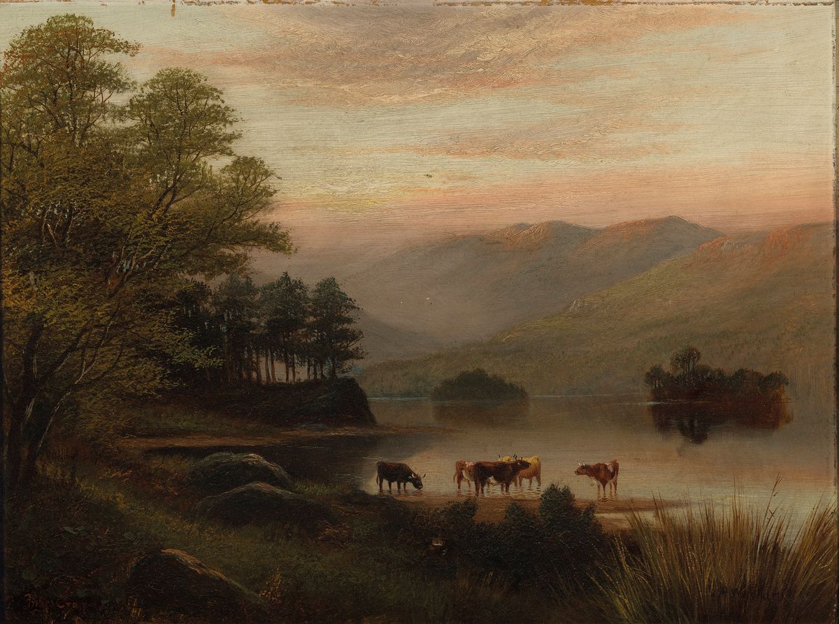 Alfred Walter Williams, 1824-1905 London, Weite Landschaft im Abendrot mit Kühen am Seeufer, Öl/Lwd, rechts unten signiert, links unten bezeichnet: ...