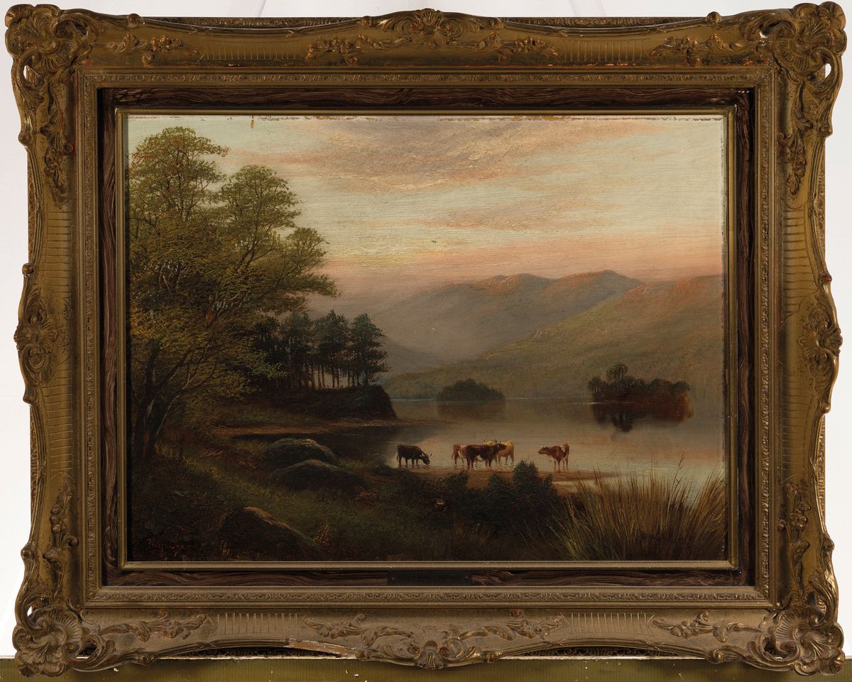 Detail k: Alfred Walter Williams, 1824-1905 London, Weite Landschaft im Abendrot mit Kühen am Seeufer, Öl/Lwd, rechts unten signiert, links unten bezeichnet: ...