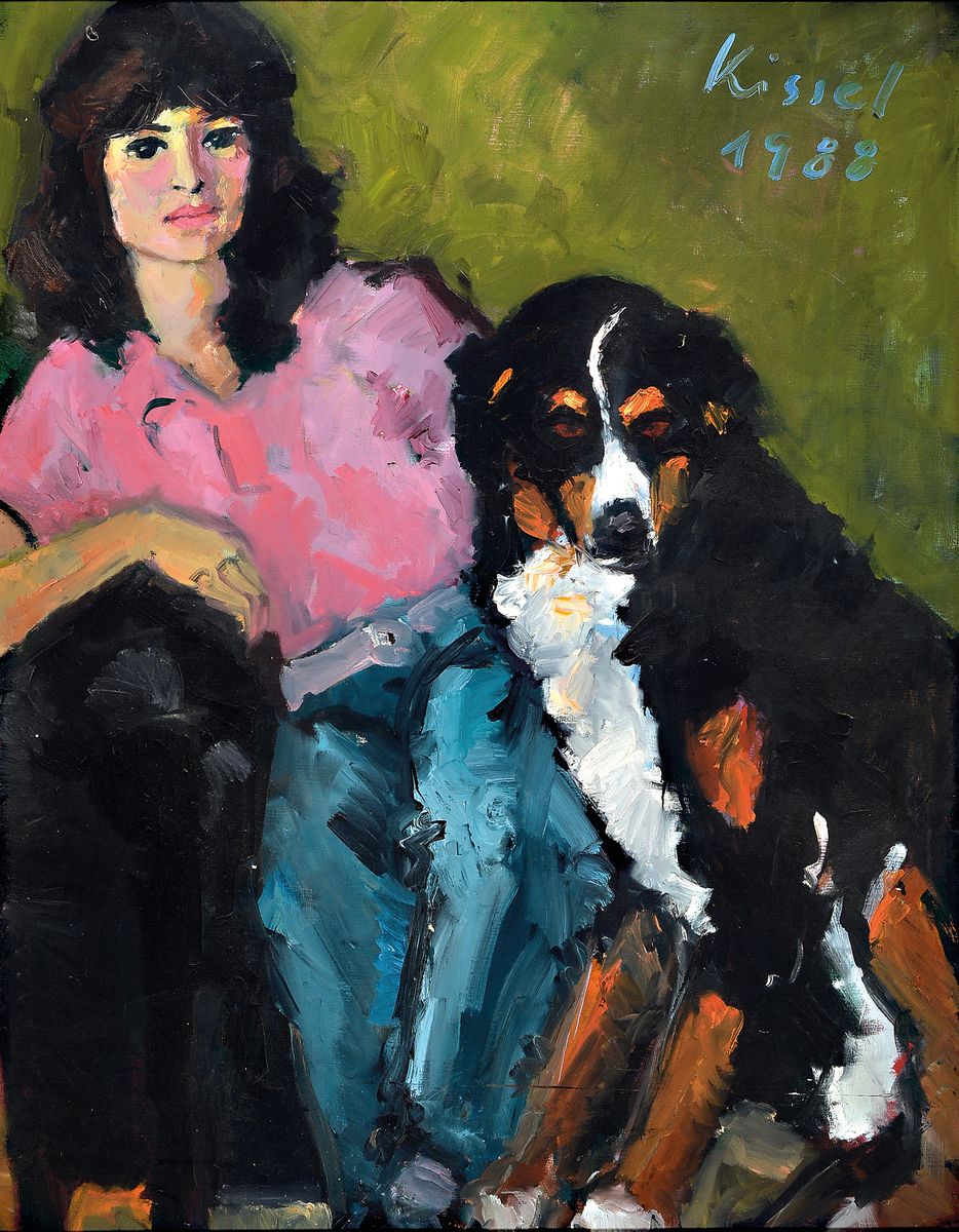 Gernot Kissel, 1939 Worms-2008, aus dem Atelier Kissel, großformatiges Damenbildnis mit Berner Sennenhund, junge Frau mit dunklen Haaren und pinkem ...